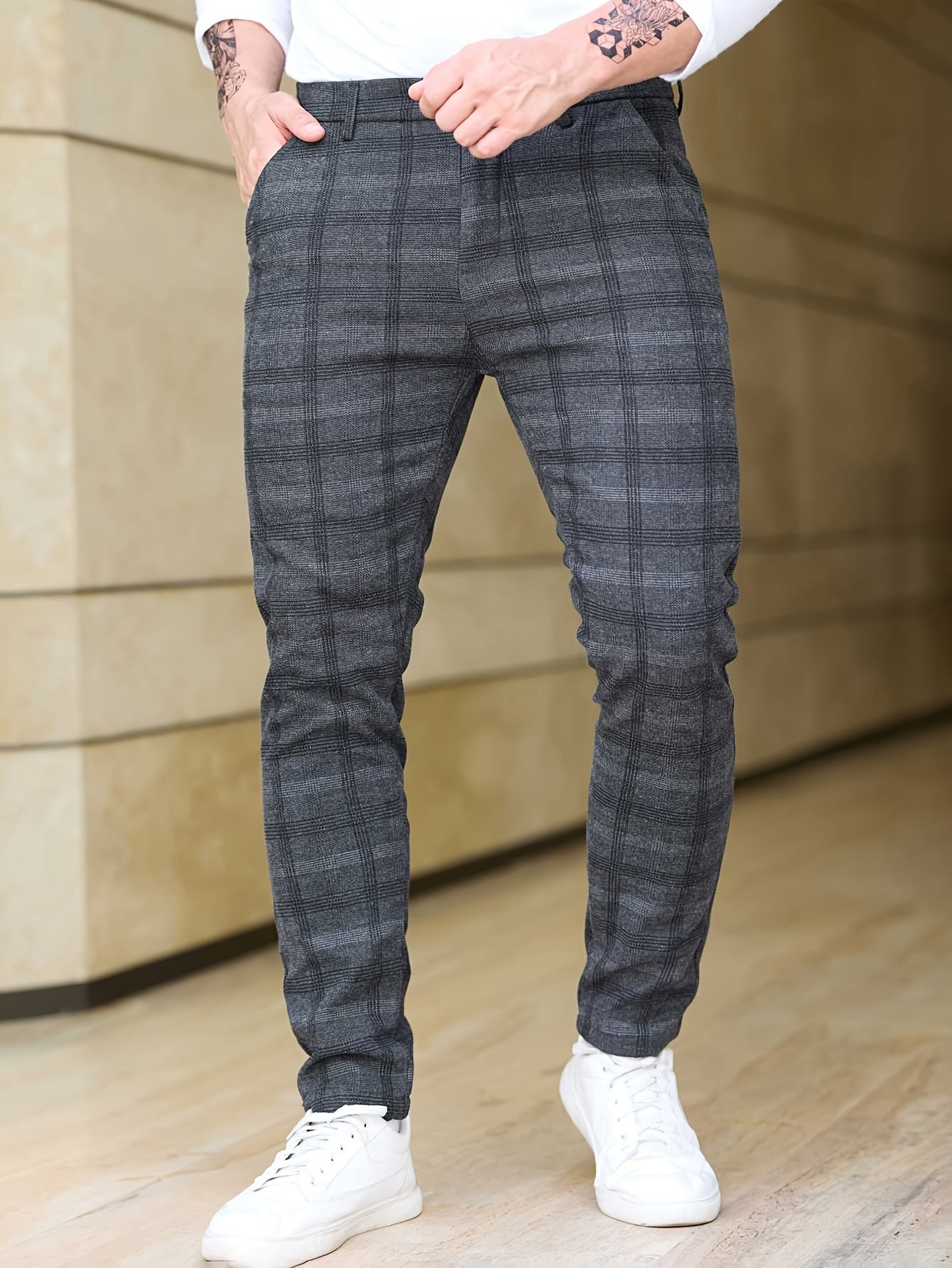 Men's Slim Fit Plaid Casual Pants, Lightweight Business Style, Comfortable Elastic Fabric, All-Season Wear