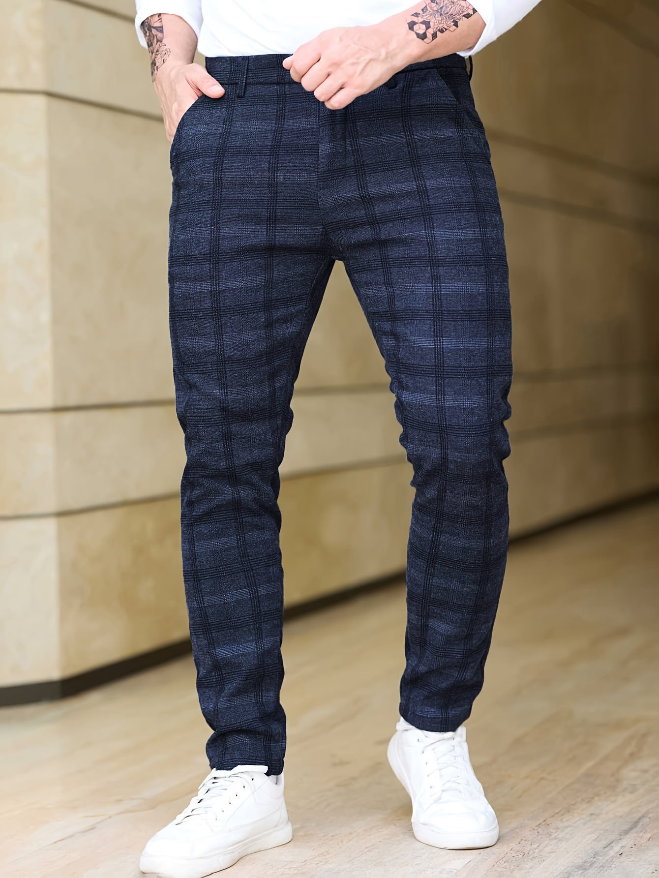 Men's Slim Fit Plaid Casual Pants, Lightweight Business Style, Comfortable Elastic Fabric, All-Season Wear