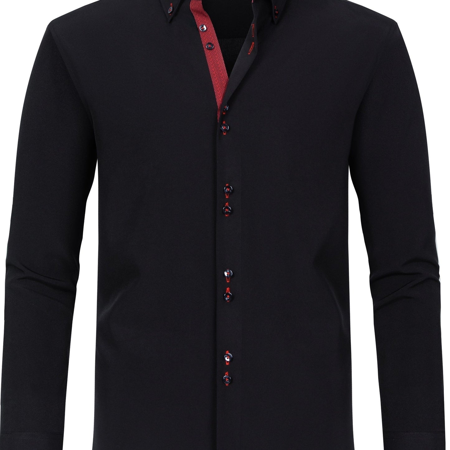 [Elegant Design] Elegant Men's Long Sleeve Dress Shirt - Sophisticated Black with Red Accents, Polyester & Elastane Blend, Split Sleeves, Button-Up, Ideal for Business & Formal Occasions