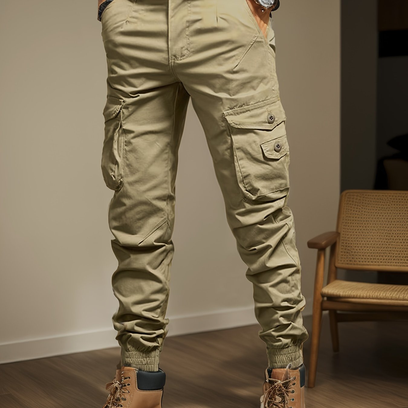 Men's Casual Cargo Pants with Side Flap Pockets - Durable Polyester, Elastic Waistband, Perfect for All Seasons