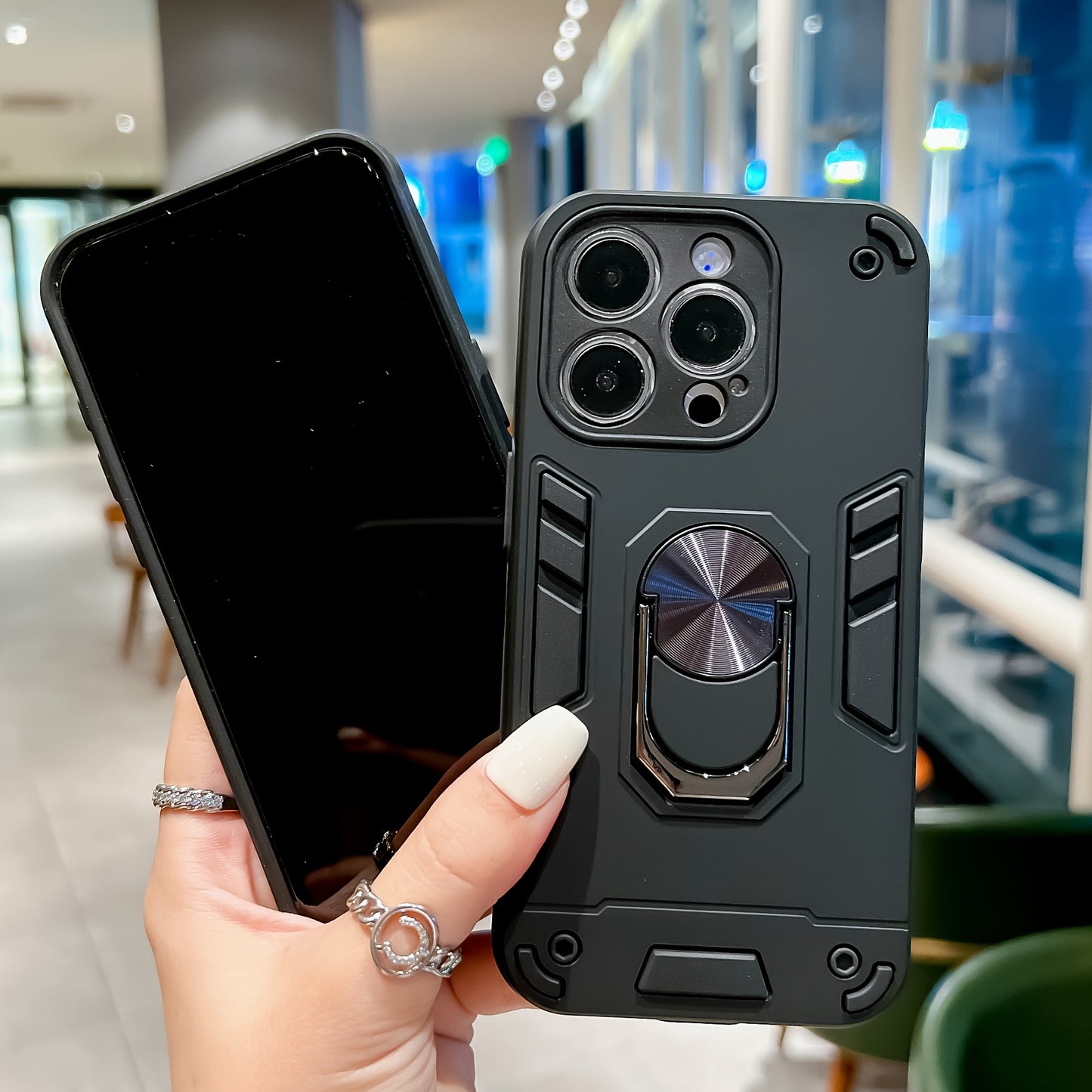 A Phone Case with a Ring Support And Shockproof Protection, Designed to Add Thickness for Lens Protection, Compatible with Iphone 12, 13, 14, 15, And 16 Pro Max.