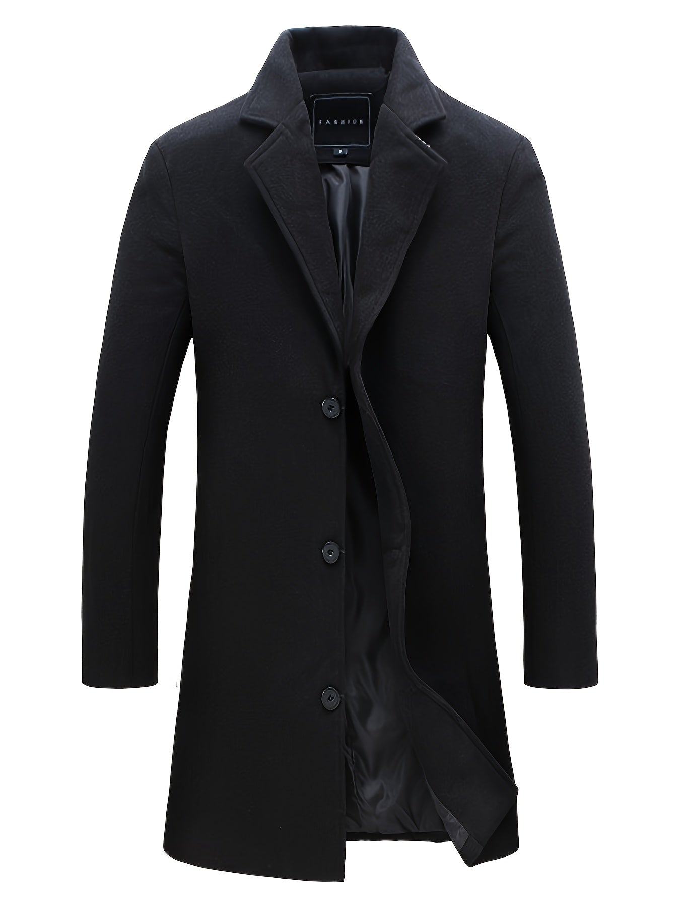 Men's Slim-Fit Mid-Length Trench Coat - Casual Fleece-Blend, Single-Breasted, Solid Black with Pockets, Perfect for Spring & Autumn