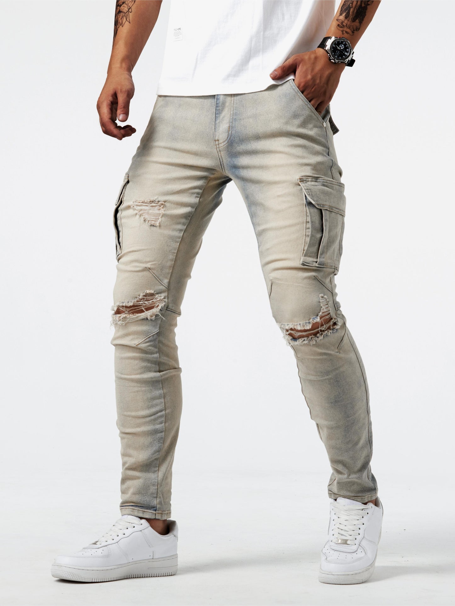 Slim Fit Multi-Pocket Jeans, Men's Casual Street Style High Stretch Denim Pants For All Seasons Outdoor