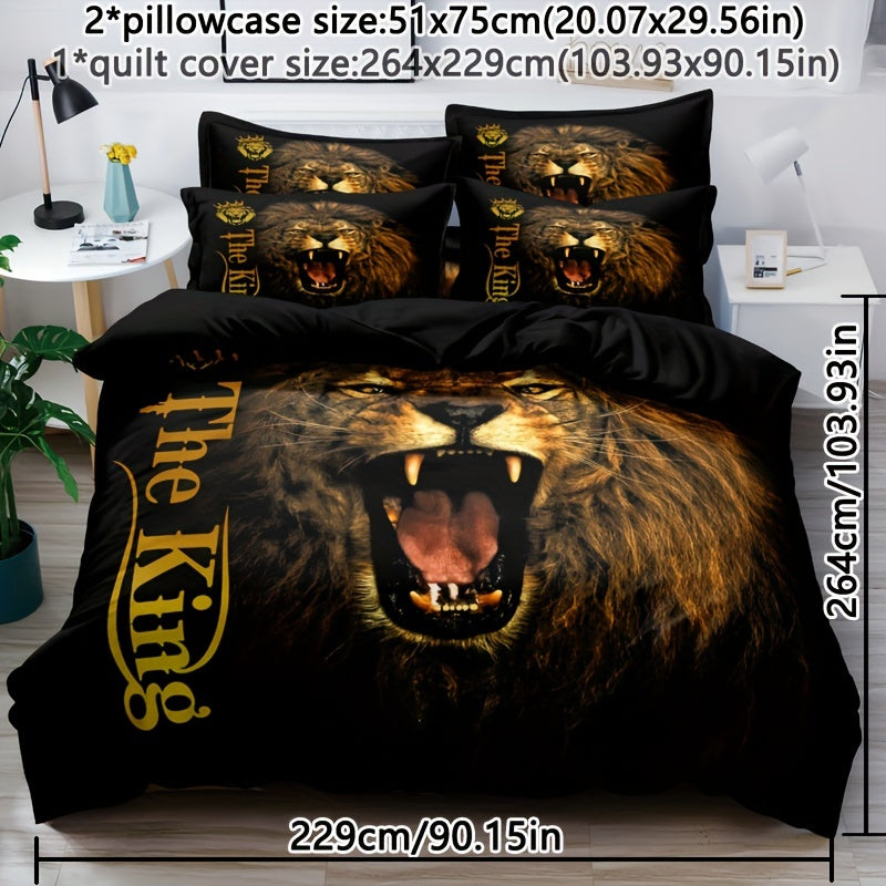 3pcs Lion King Roar Pattern Quilt Cover Set - Soft and Comfortable Bedroom, Guest Room and Dormitory Decor Bedding Set Three-piece Set 1 Quilt Cover + 2 Pillowcases