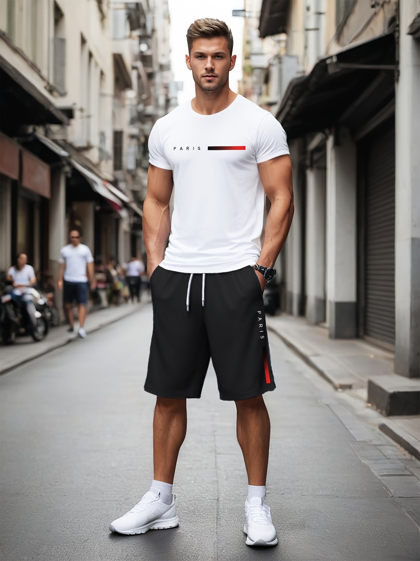 Men'S Summer Sports Workout Set - Crew Neck Short Sleeve T-Shirt & Shorts with "PARIS" Print, Striped Pattern, Knit Fabric, Slight Stretch, Polyester & Spandex Blend, Regular Fit