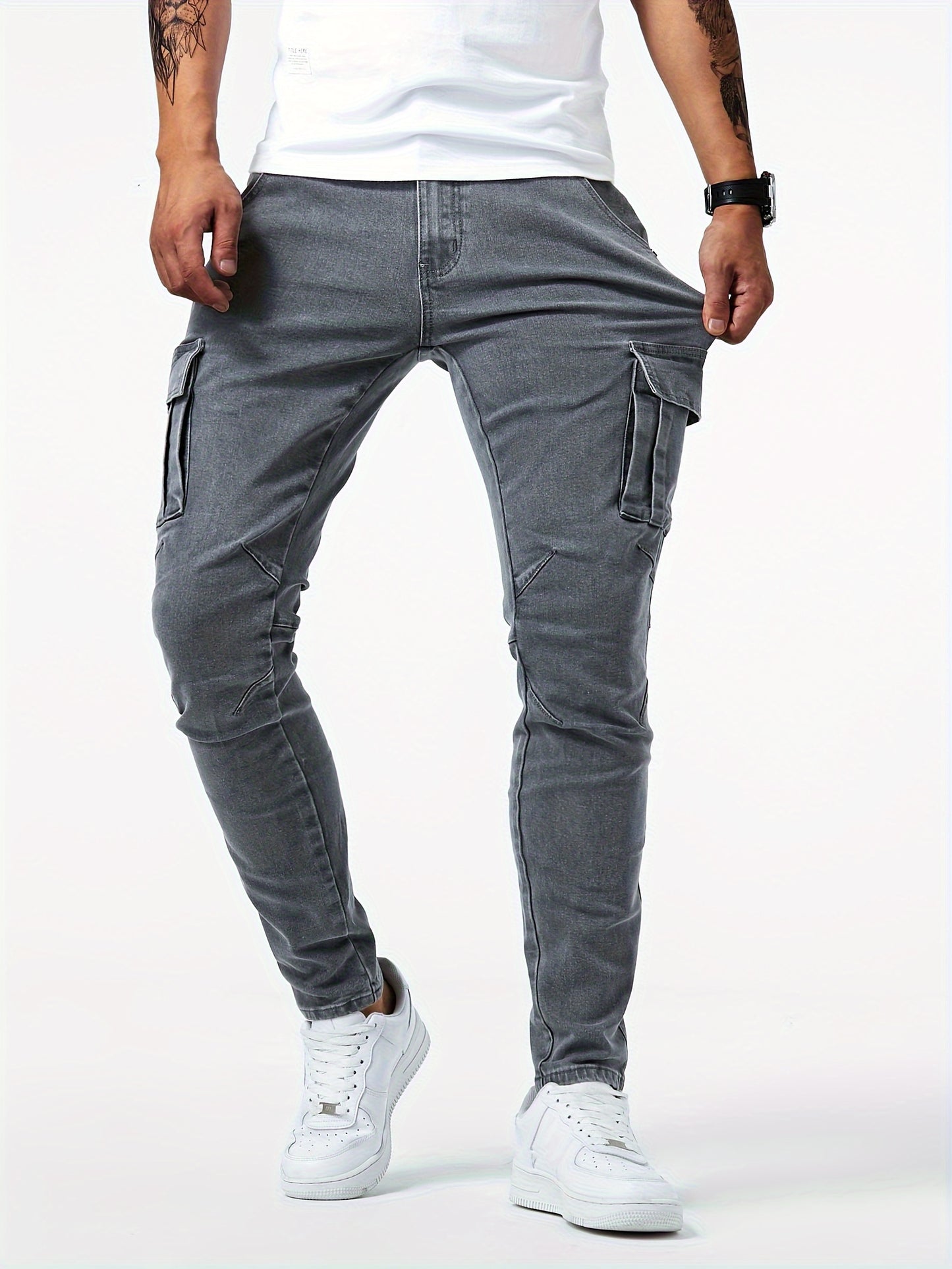 Slim Fit Multi-Pocket Jeans, Men's Casual Street Style High Stretch Denim Pants For All Seasons Outdoor