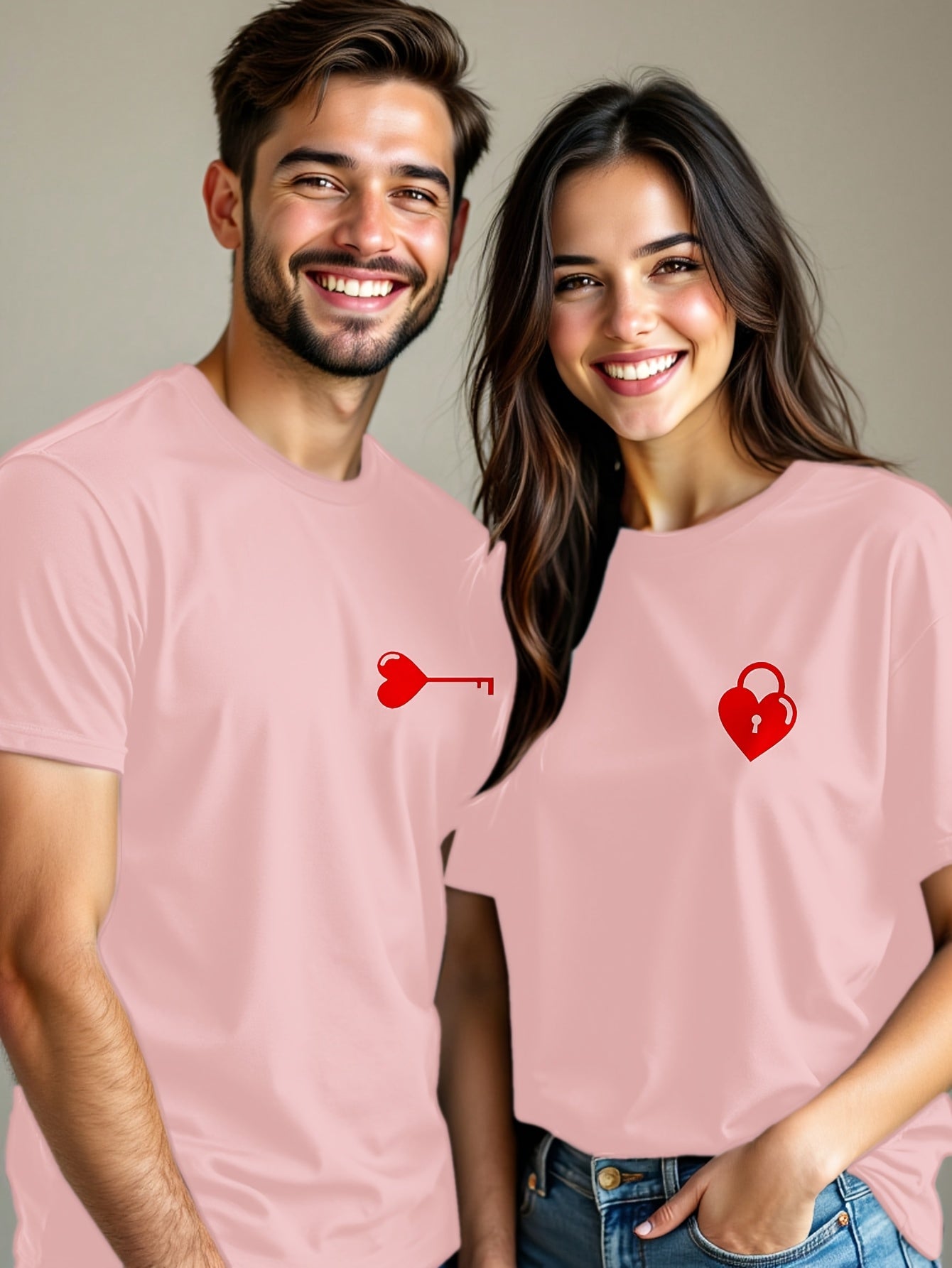 Valentine's Day Matching Couple T-Shirts - Casual Beige with Heart & Key Print, Short Sleeve, Polyester, Machine Washable, Valentine's Day Outfit