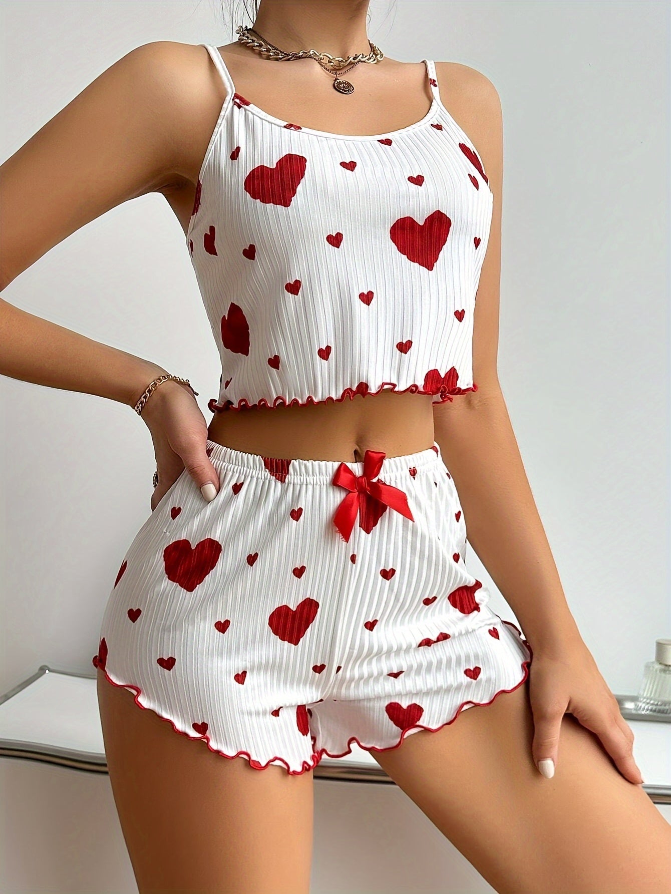 Women's Chic Heart Print Ribbed Cami & Shorts Pajama Set - Comfy, Stretchy Polyester Blend, Machine Washable