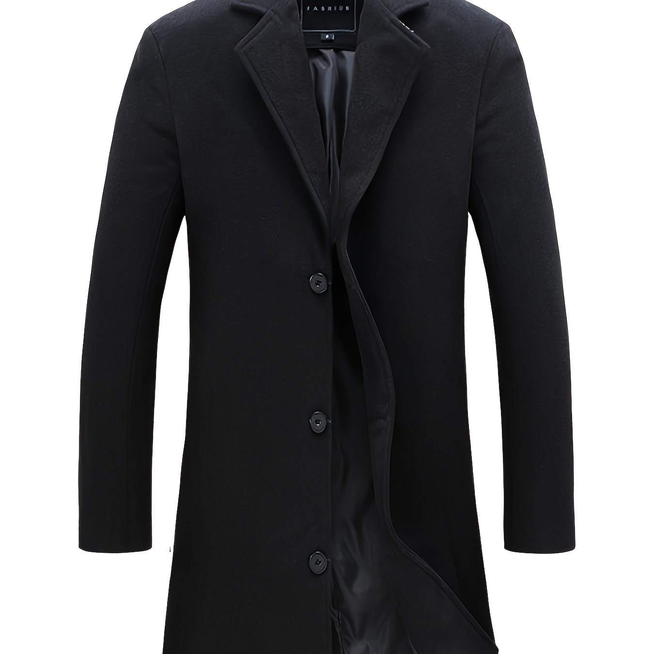 Men's Slim-Fit Mid-Length Trench Coat - Casual Fleece-Blend, Single-Breasted, Solid Black with Pockets, Perfect for Spring & Autumn