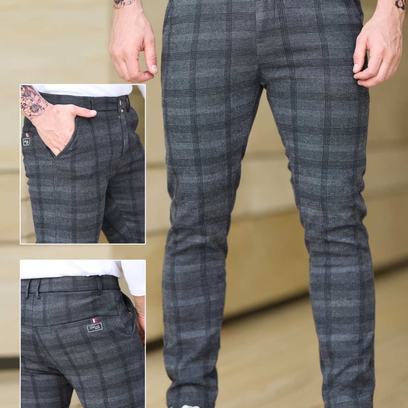 Men's Slim Fit Plaid Casual Pants, Lightweight Business Style, Comfortable Elastic Fabric, All-Season Wear