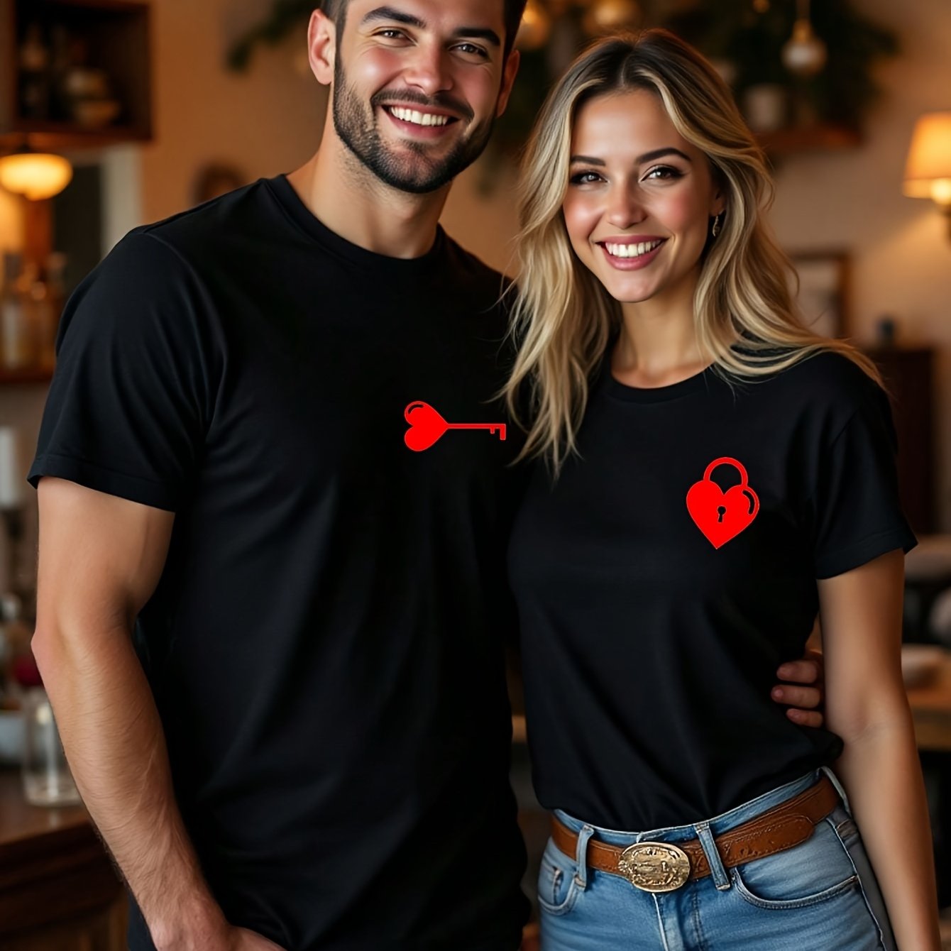 Valentine's Day Matching Couple T-Shirts - Casual Beige with Heart & Key Print, Short Sleeve, Polyester, Machine Washable, Valentine's Day Outfit