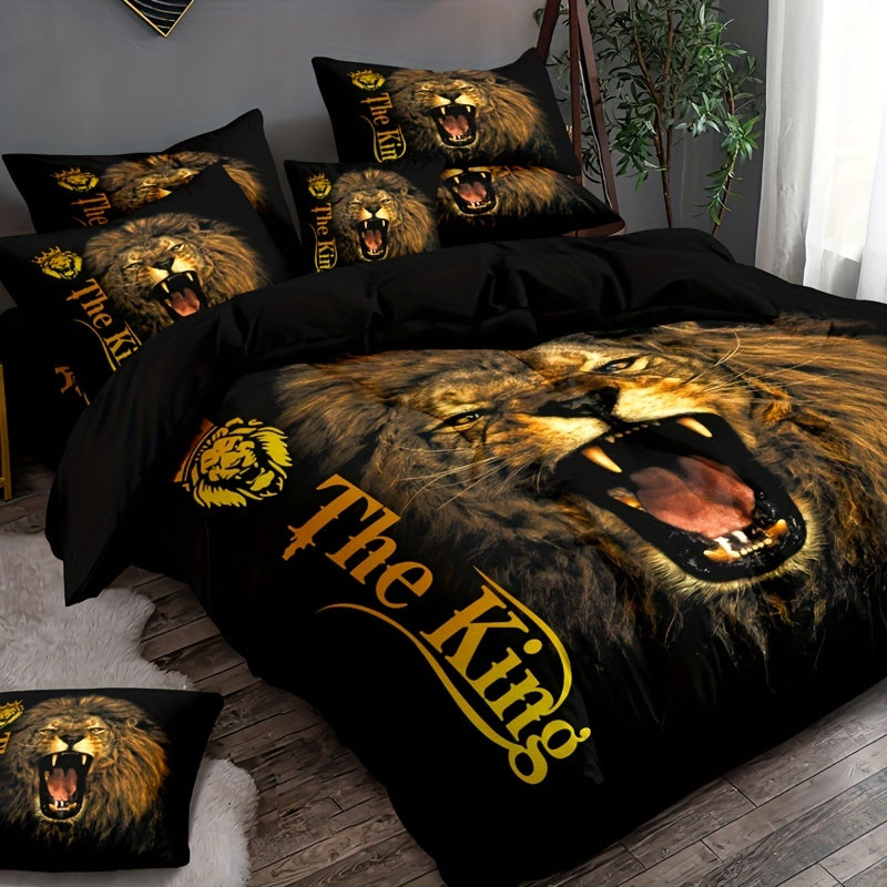 3pcs Lion King Roar Pattern Quilt Cover Set - Soft and Comfortable Bedroom, Guest Room and Dormitory Decor Bedding Set Three-piece Set 1 Quilt Cover + 2 Pillowcases