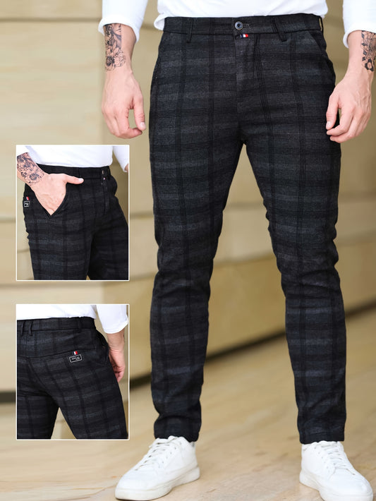 Men's Slim Fit Plaid Casual Pants, Lightweight Business Style, Comfortable Elastic Fabric, All-Season Wear