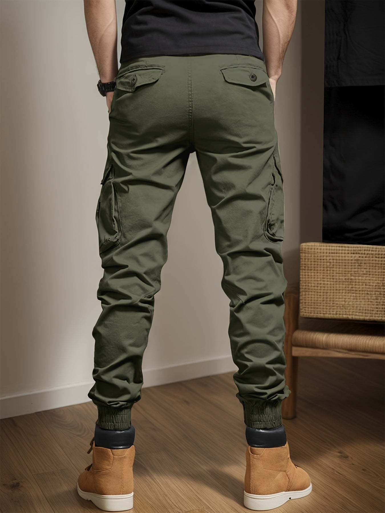 Men's Casual Cargo Pants with Side Flap Pockets - Durable Polyester, Elastic Waistband, Perfect for All Seasons