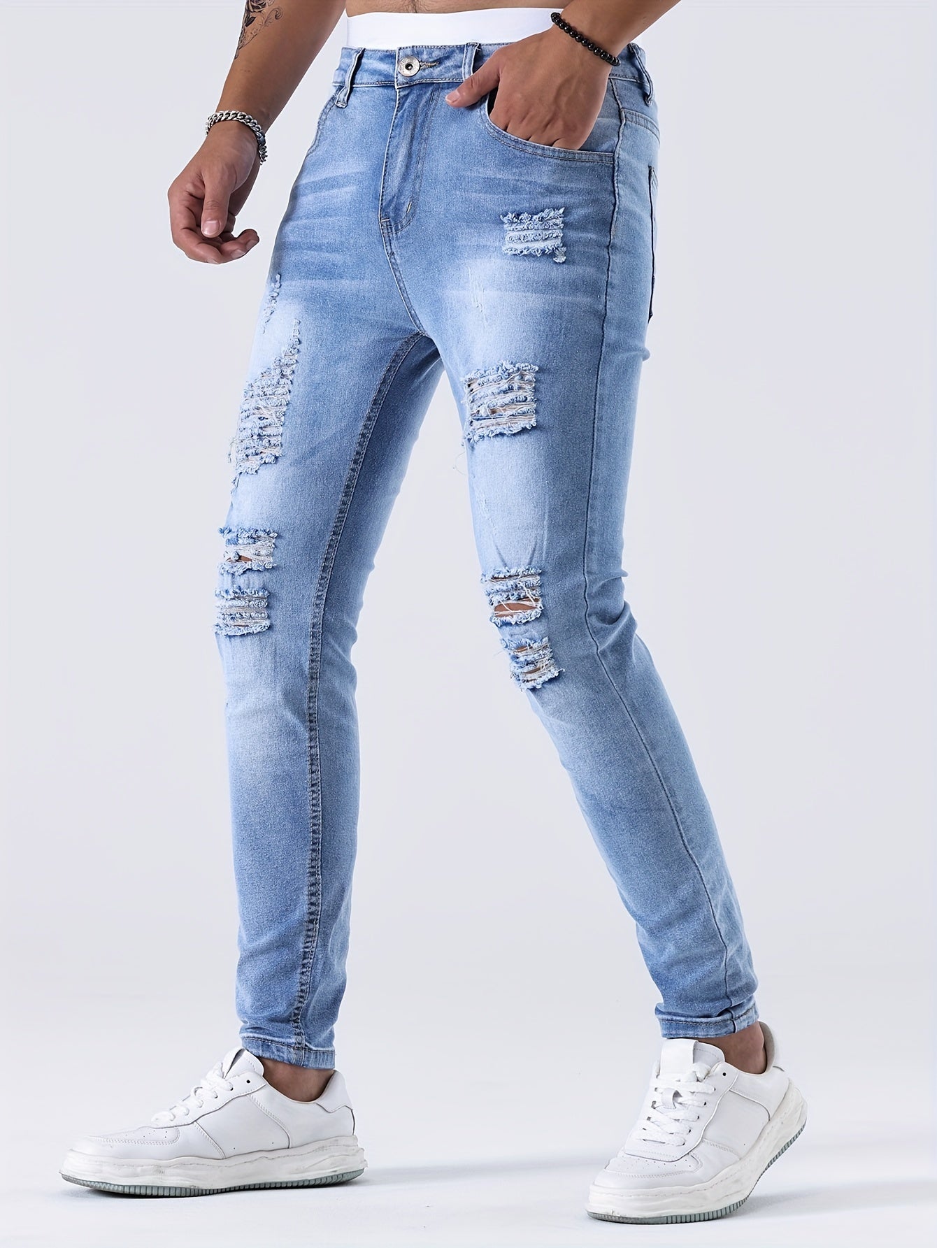 Slim Fit Ripped Jeans, Men's Casual Street Style Distressed Medium Stretch Denim Pants