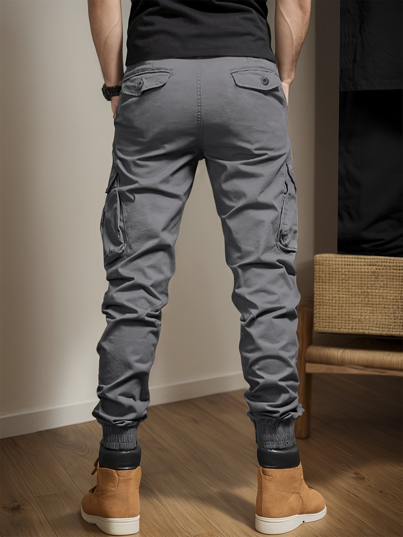 Men's Casual Cargo Pants with Side Flap Pockets - Durable Polyester, Elastic Waistband, Perfect for All Seasons