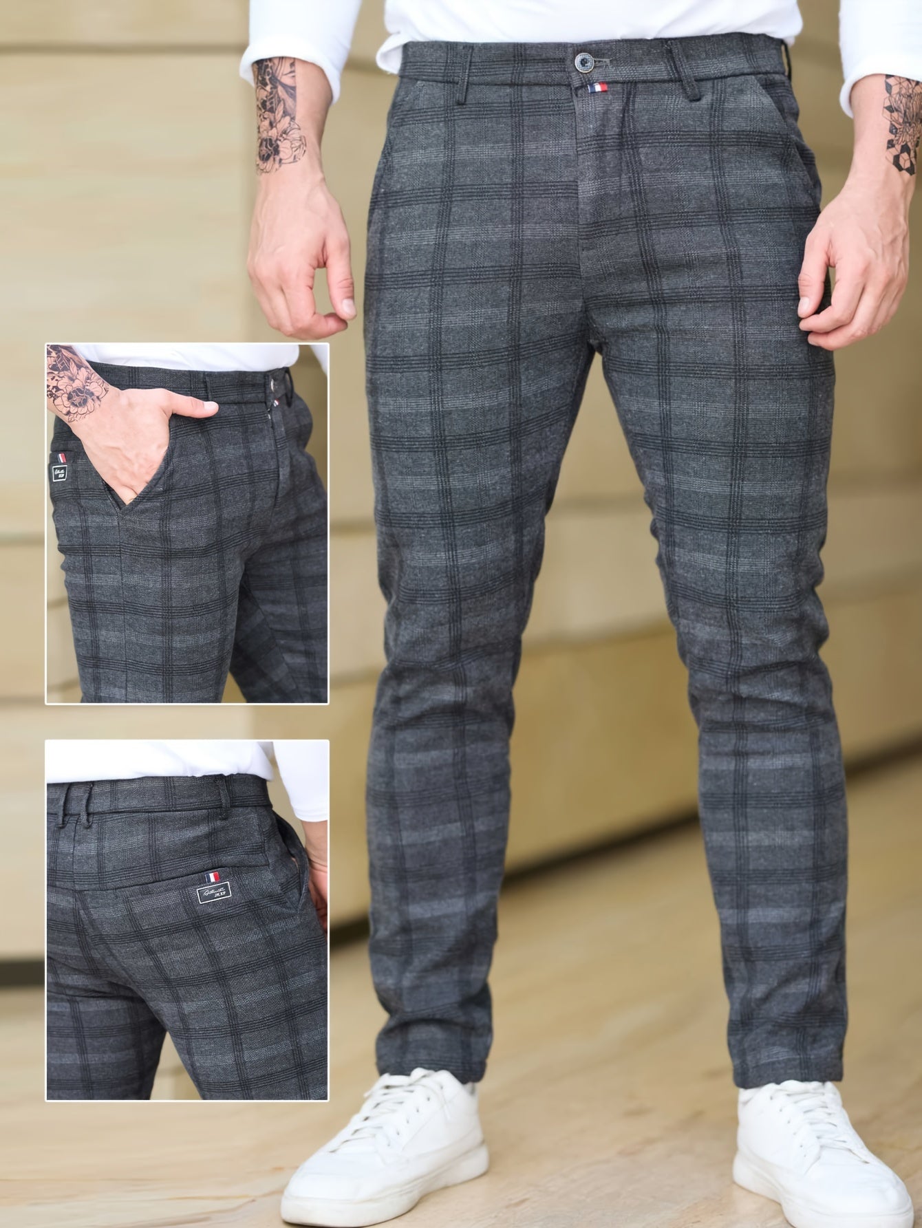 Men's Slim Fit Plaid Casual Pants, Lightweight Business Style, Comfortable Elastic Fabric, All-Season Wear