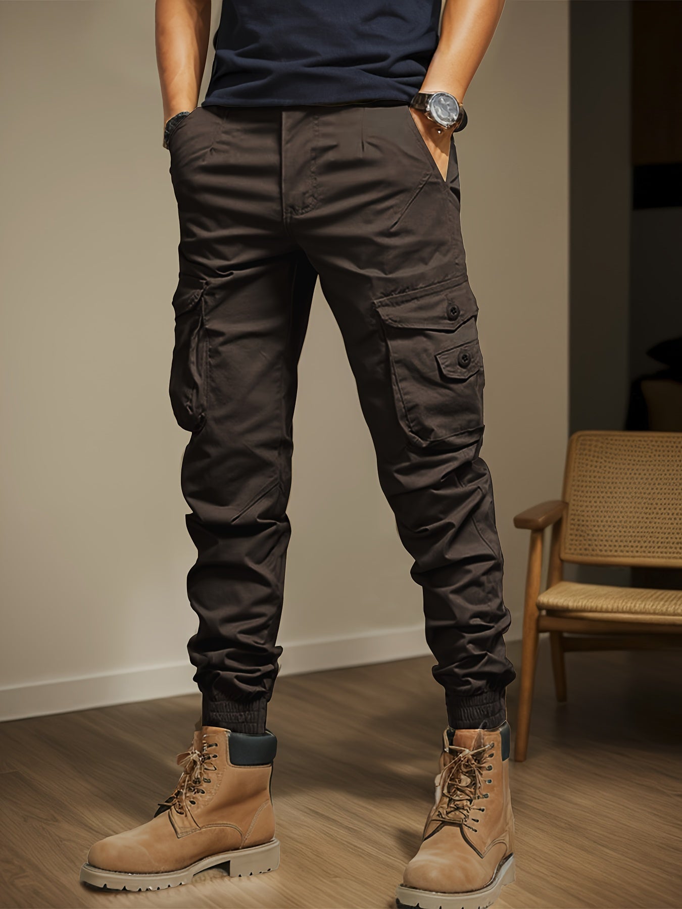 Men's Casual Cargo Pants with Side Flap Pockets - Durable Polyester, Elastic Waistband, Perfect for All Seasons