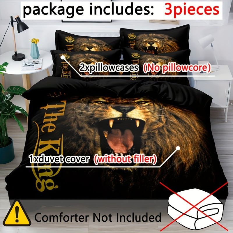 3pcs Lion King Roar Pattern Quilt Cover Set - Soft and Comfortable Bedroom, Guest Room and Dormitory Decor Bedding Set Three-piece Set 1 Quilt Cover + 2 Pillowcases