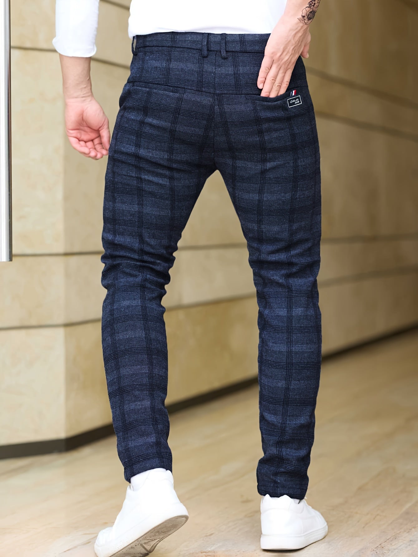 Men's Slim Fit Plaid Casual Pants, Lightweight Business Style, Comfortable Elastic Fabric, All-Season Wear