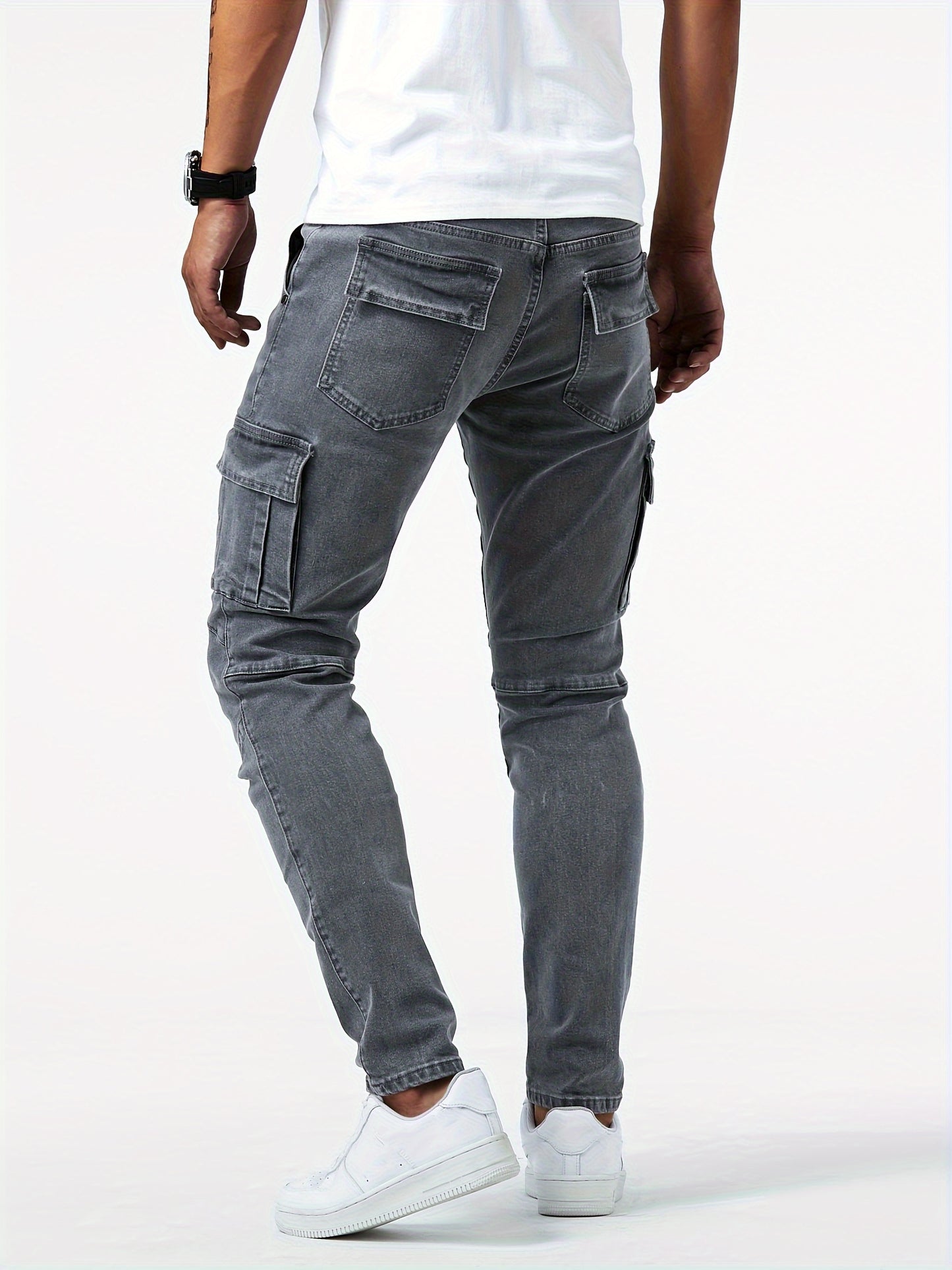 Slim Fit Multi-Pocket Jeans, Men's Casual Street Style High Stretch Denim Pants For All Seasons Outdoor