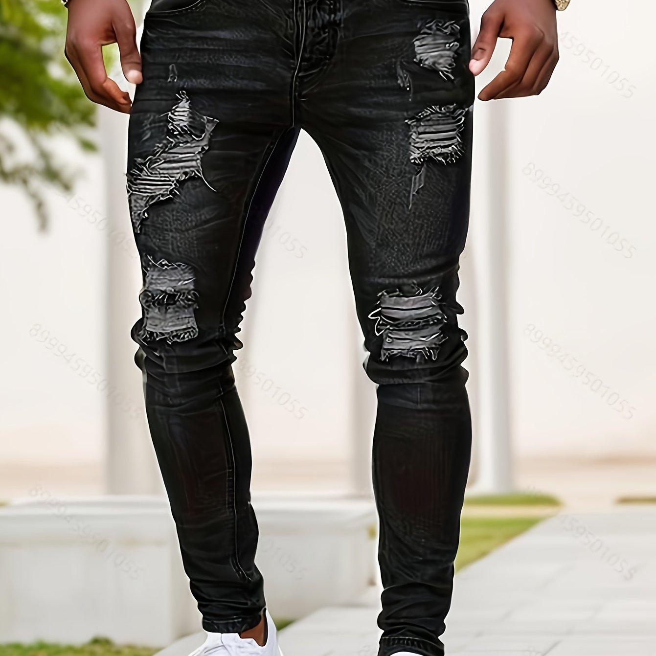 Slim Fit Ripped Jeans, Men's Casual Street Style Distressed Medium Stretch Denim Pants