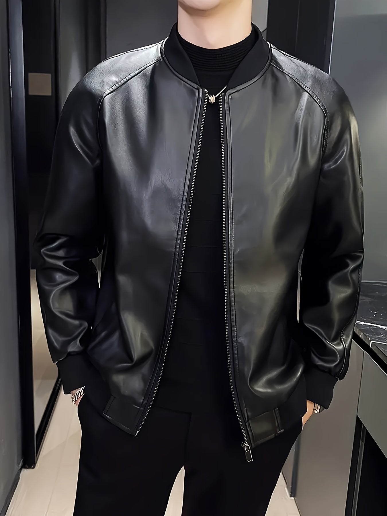 Men's Stylish Black PU Leather Jacket - Casual Zip-Up with Baseball Collar, Drop Shoulder Sleeves & Pockets, Machine Washable, Perfect for Casual Attire