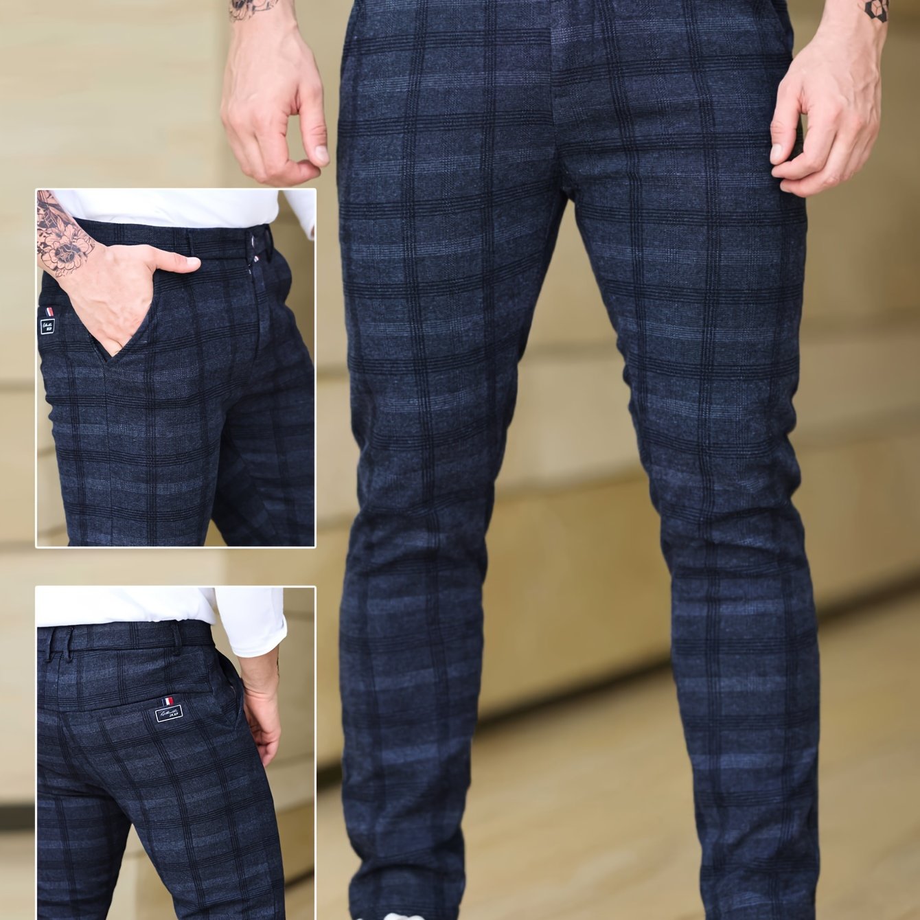 Men's Slim Fit Plaid Casual Pants, Lightweight Business Style, Comfortable Elastic Fabric, All-Season Wear