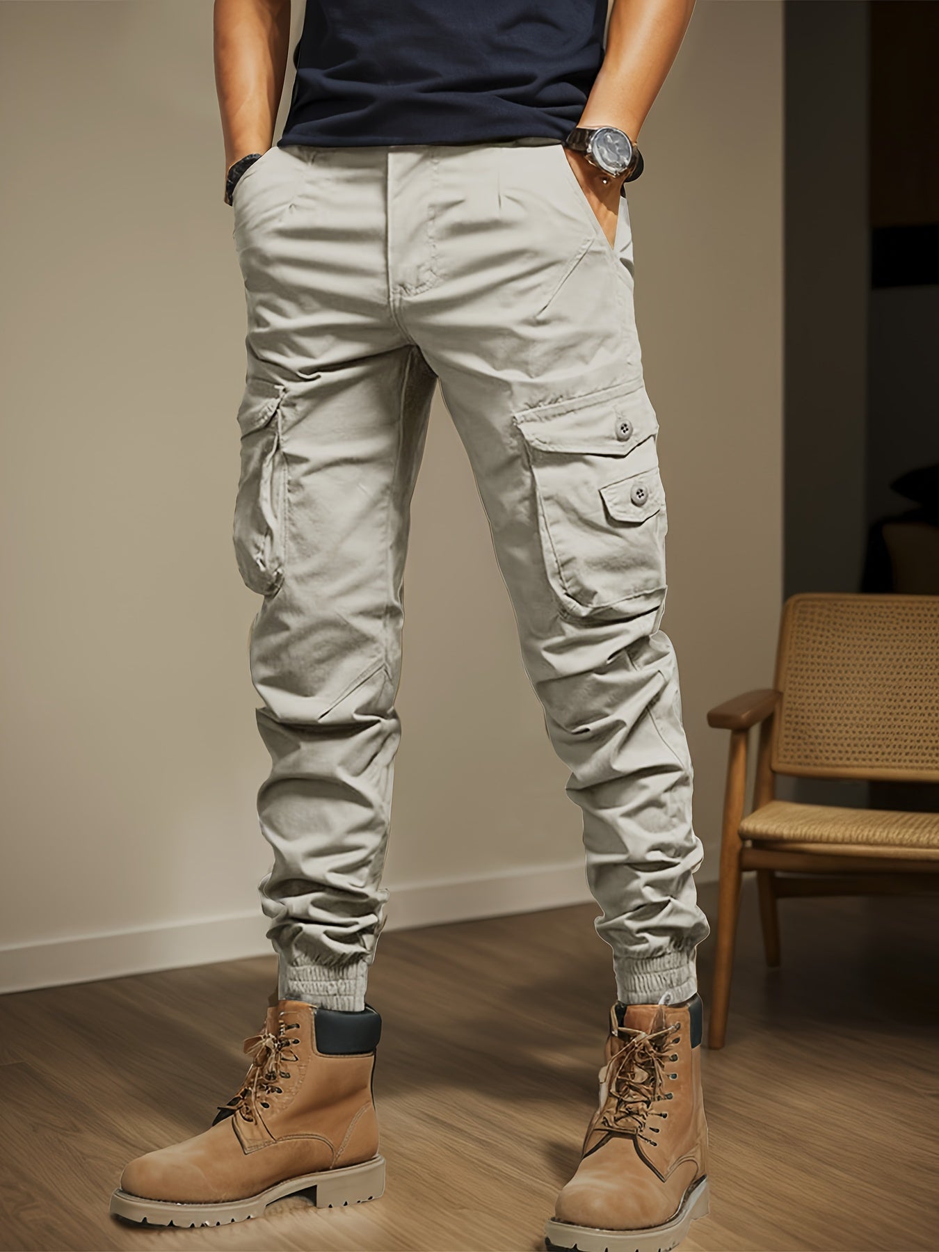 Men's Casual Cargo Pants with Side Flap Pockets - Durable Polyester, Elastic Waistband, Perfect for All Seasons