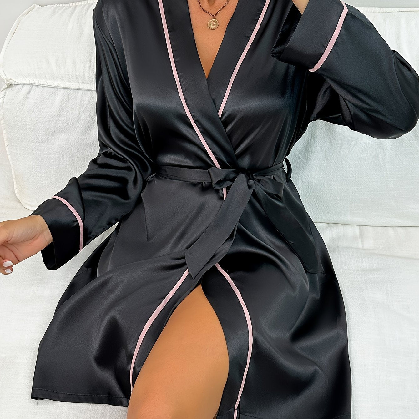 Women's Elegant Satin Robe with Contrast Piping, 100% Polyester V-Neck Belted Nightgown, Sexy All-Season Sleepwear, Woven Dressing Gown for Adults - Solid Color Lightweight Loungewear