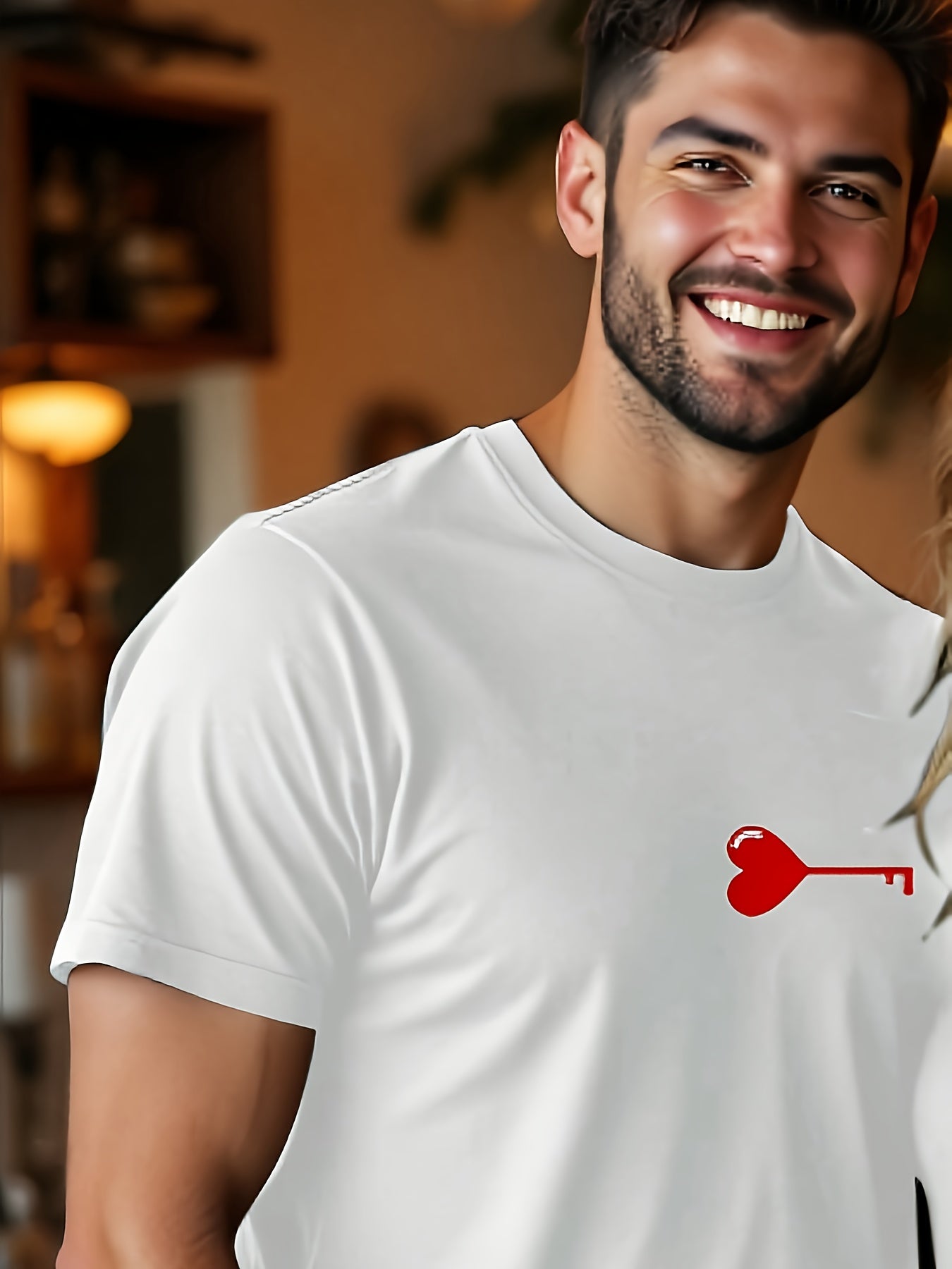 Valentine's Day Matching Couple T-Shirts - Casual Beige with Heart & Key Print, Short Sleeve, Polyester, Machine Washable, Valentine's Day Outfit