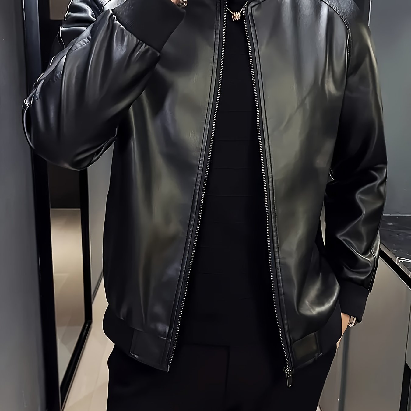 Men's Stylish Black PU Leather Jacket - Casual Zip-Up with Baseball Collar, Drop Shoulder Sleeves & Pockets, Machine Washable, Perfect for Casual Attire