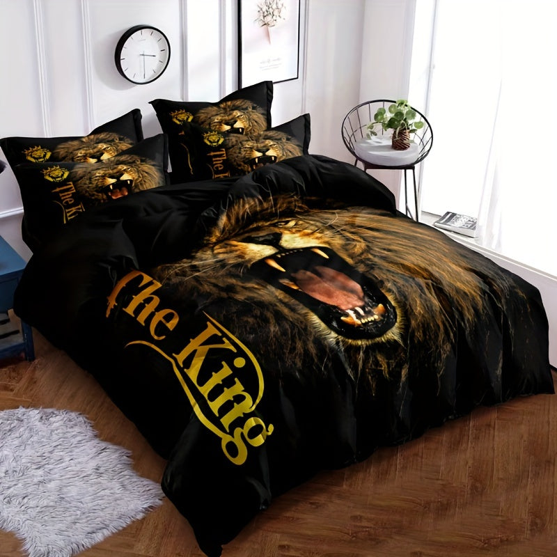 3pcs Lion King Roar Pattern Quilt Cover Set - Soft and Comfortable Bedroom, Guest Room and Dormitory Decor Bedding Set Three-piece Set 1 Quilt Cover + 2 Pillowcases