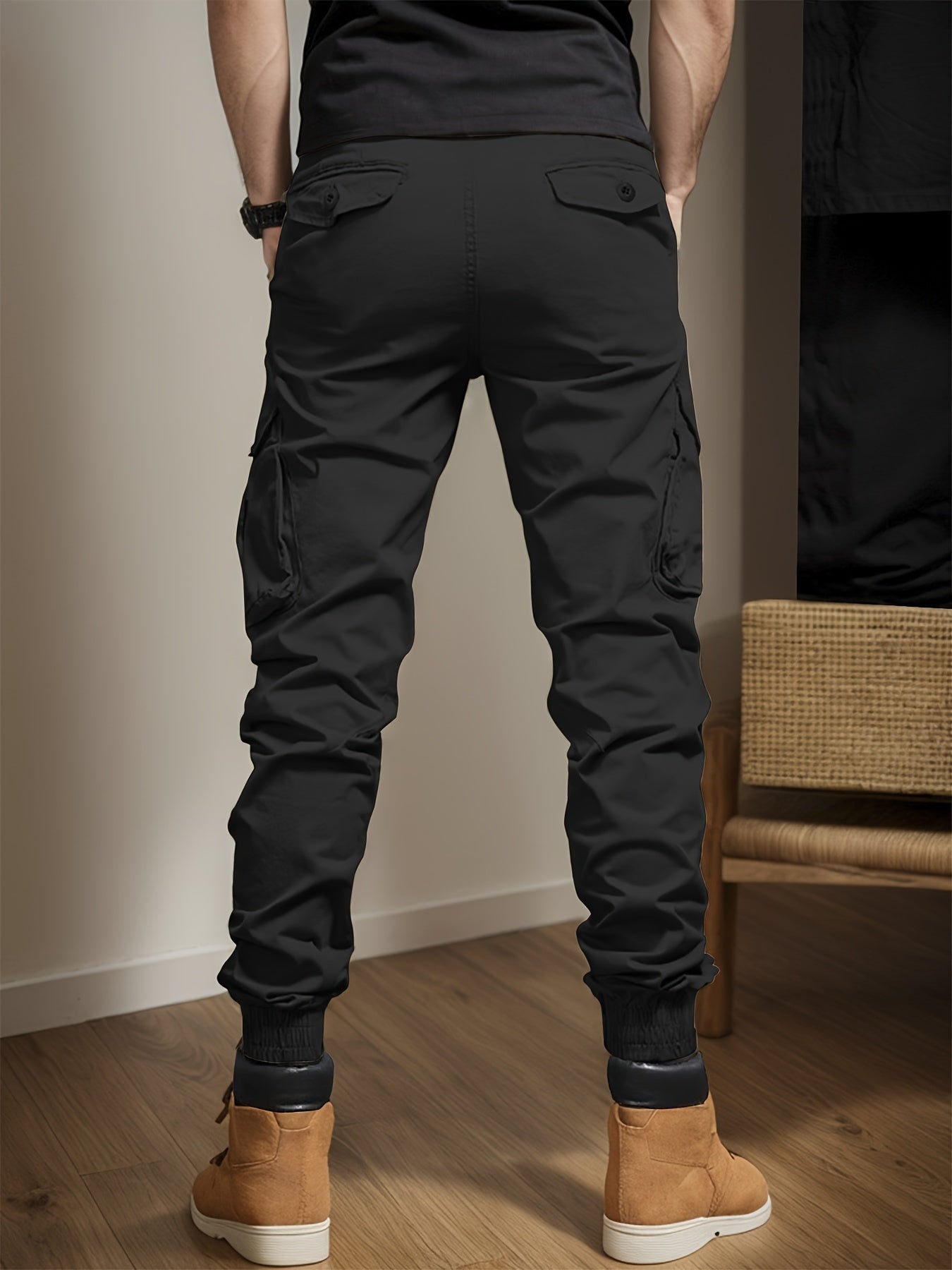 Men's Casual Cargo Pants with Side Flap Pockets - Durable Polyester, Elastic Waistband, Perfect for All Seasons