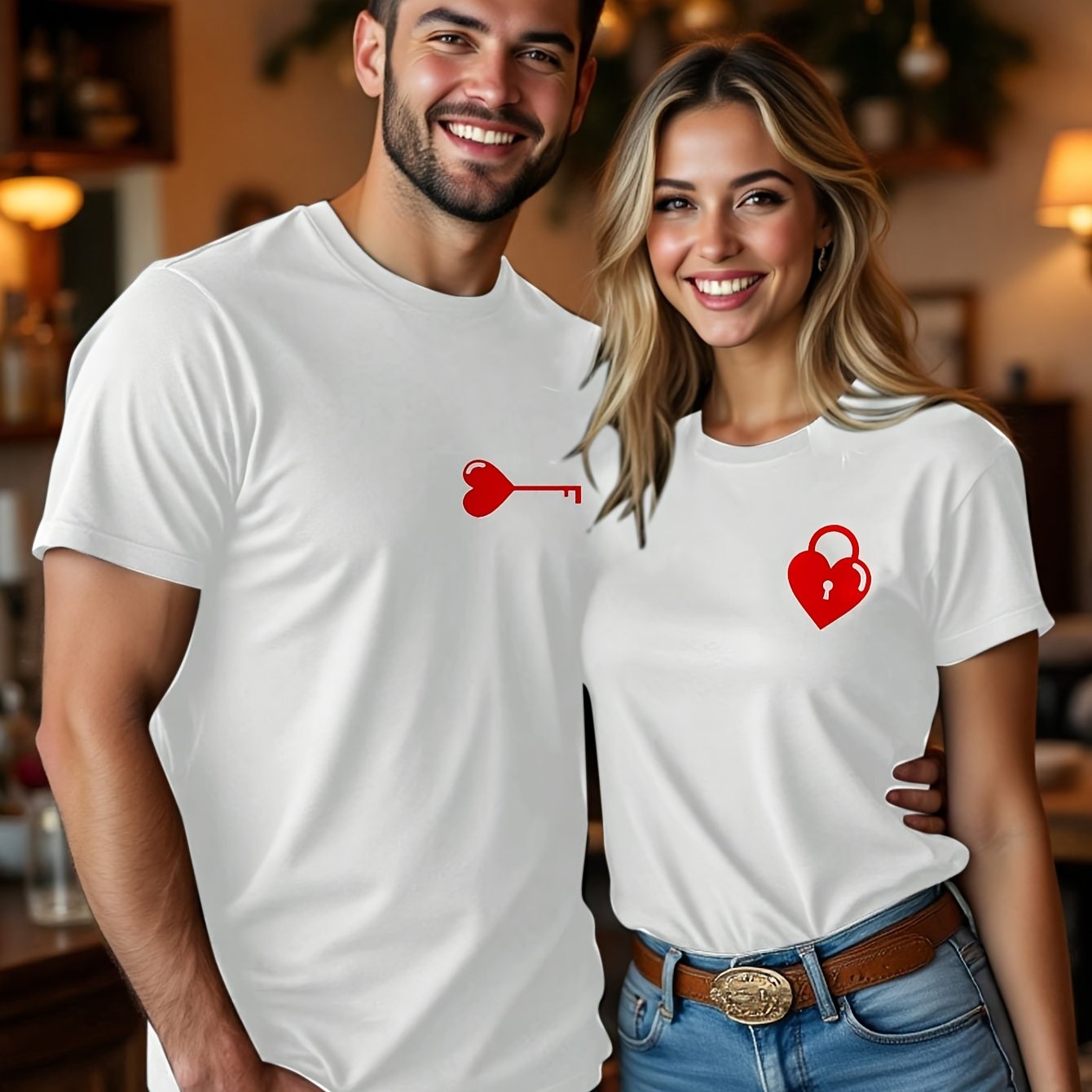 Valentine's Day Matching Couple T-Shirts - Casual Beige with Heart & Key Print, Short Sleeve, Polyester, Machine Washable, Valentine's Day Outfit