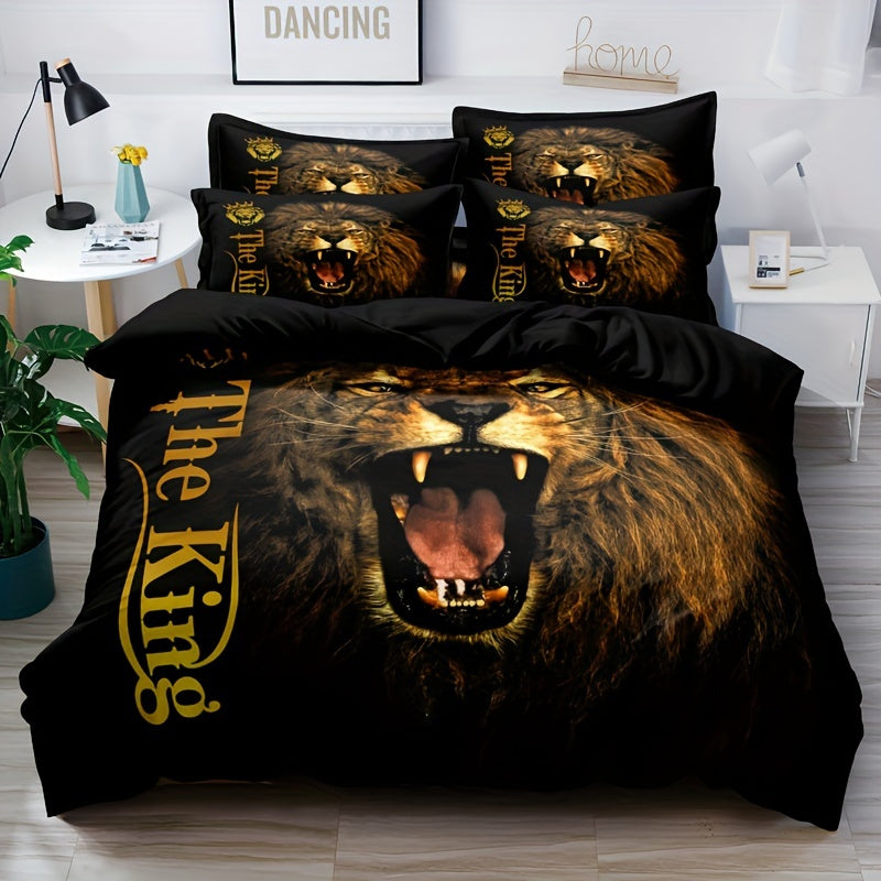 3pcs Lion King Roar Pattern Quilt Cover Set - Soft and Comfortable Bedroom, Guest Room and Dormitory Decor Bedding Set Three-piece Set 1 Quilt Cover + 2 Pillowcases