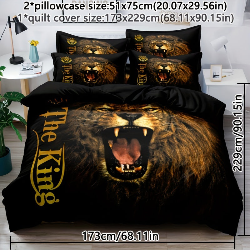 3pcs Lion King Roar Pattern Quilt Cover Set - Soft and Comfortable Bedroom, Guest Room and Dormitory Decor Bedding Set Three-piece Set 1 Quilt Cover + 2 Pillowcases