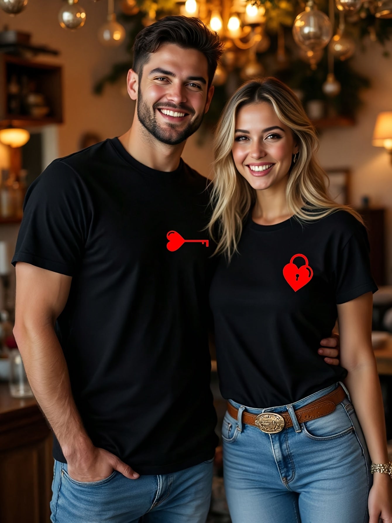 Valentine's Day Matching Couple T-Shirts - Casual Beige with Heart & Key Print, Short Sleeve, Polyester, Machine Washable, Valentine's Day Outfit