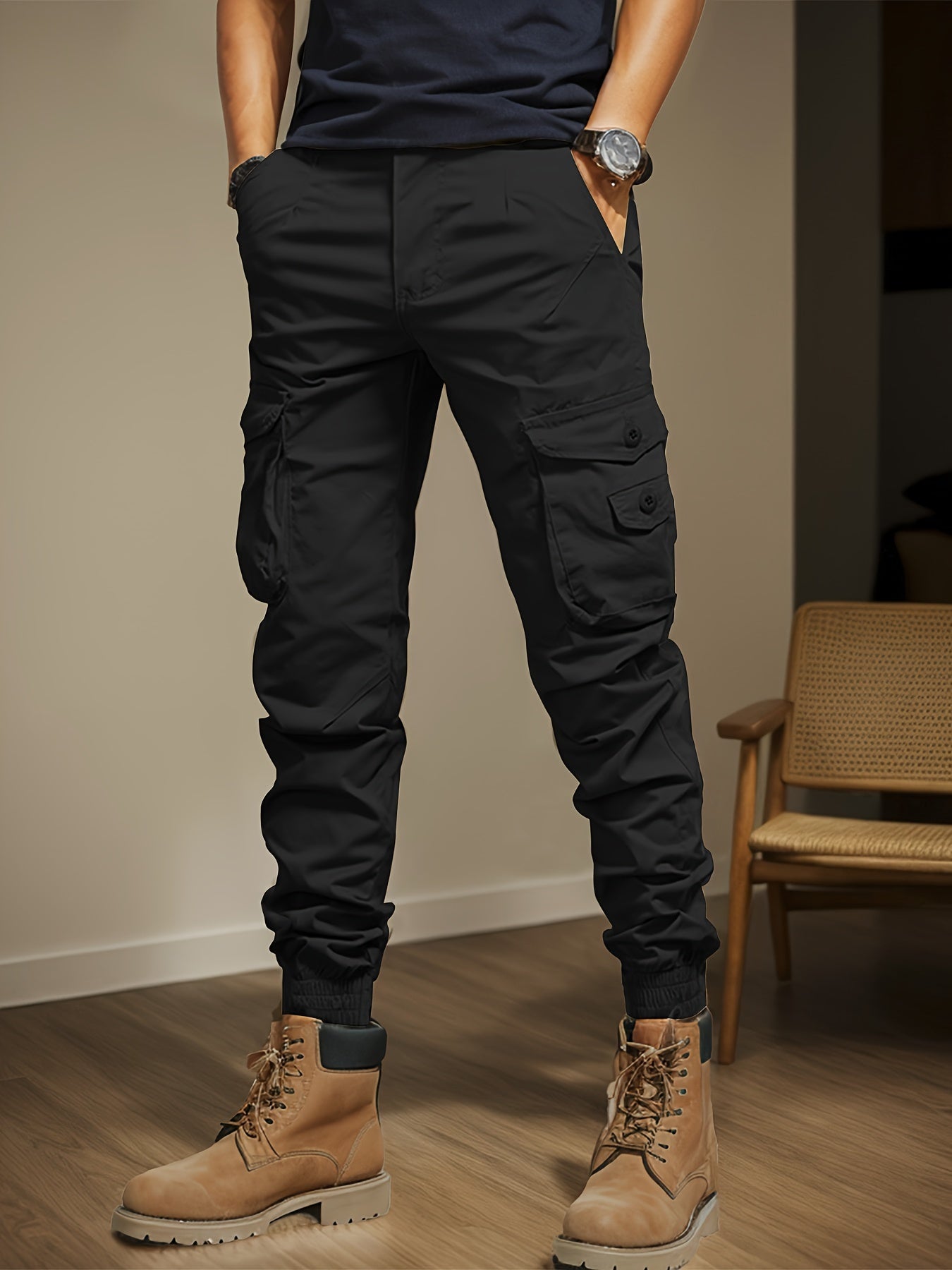 Men's Casual Cargo Pants with Side Flap Pockets - Durable Polyester, Elastic Waistband, Perfect for All Seasons