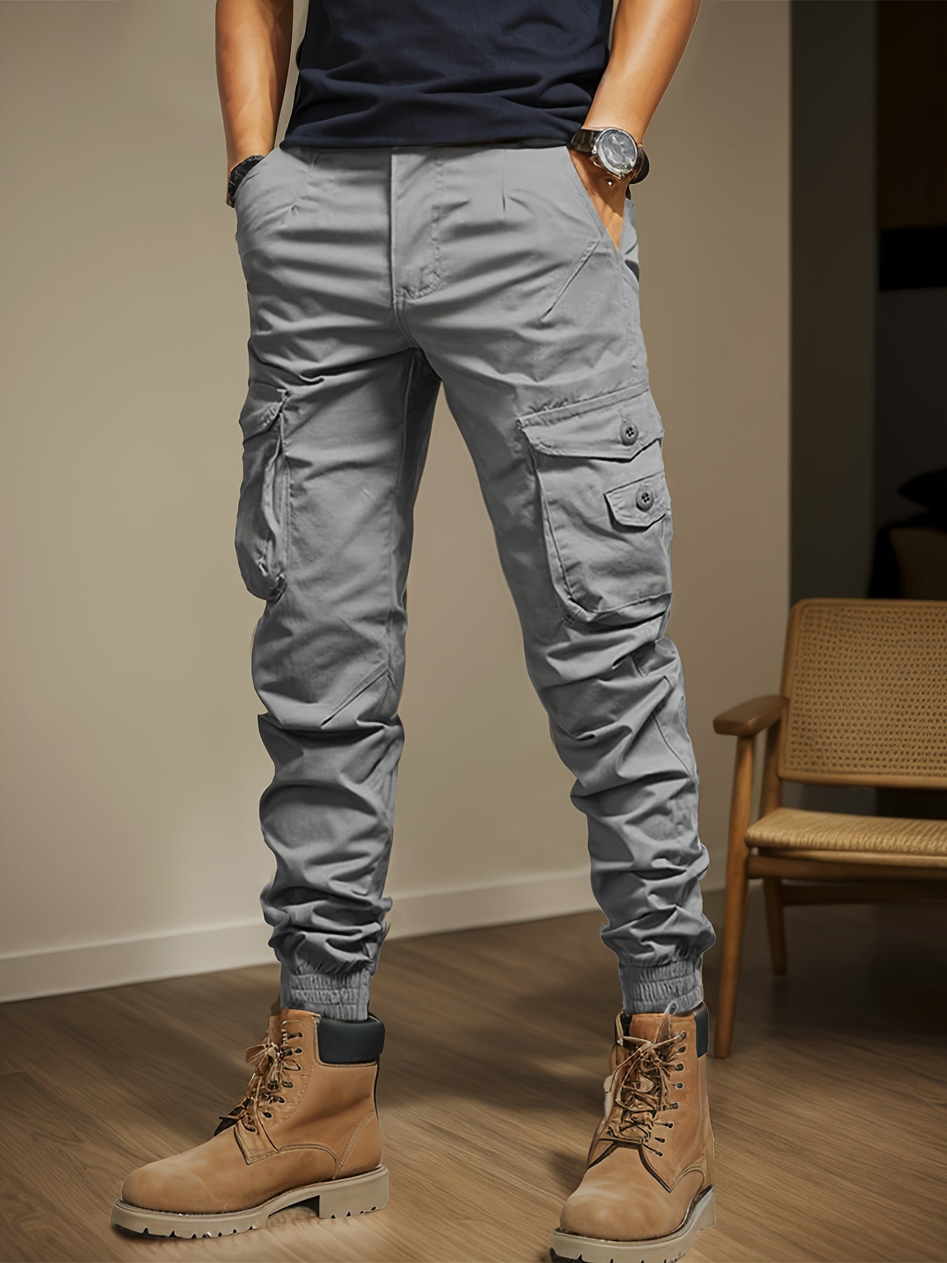 Men's Casual Cargo Pants with Side Flap Pockets - Durable Polyester, Elastic Waistband, Perfect for All Seasons