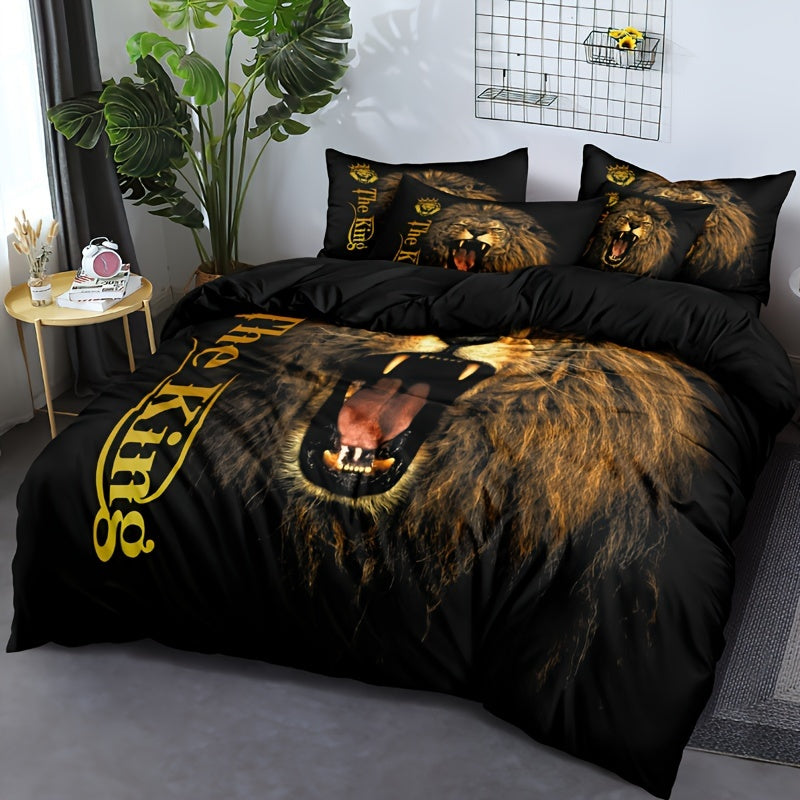 3pcs Lion King Roar Pattern Quilt Cover Set - Soft and Comfortable Bedroom, Guest Room and Dormitory Decor Bedding Set Three-piece Set 1 Quilt Cover + 2 Pillowcases