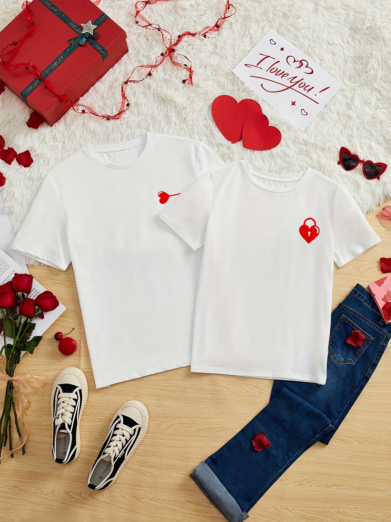 Valentine's Day Matching Couple T-Shirts - Casual Beige with Heart & Key Print, Short Sleeve, Polyester, Machine Washable, Valentine's Day Outfit