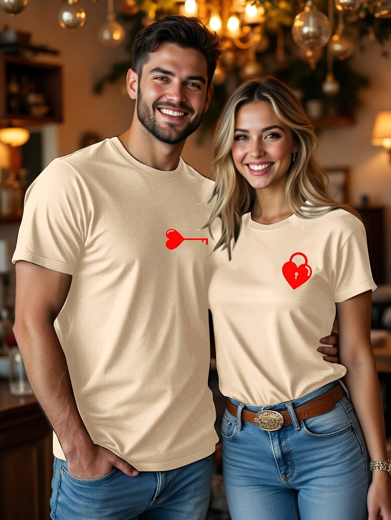 Valentine's Day Matching Couple T-Shirts - Casual Beige with Heart & Key Print, Short Sleeve, Polyester, Machine Washable, Valentine's Day Outfit