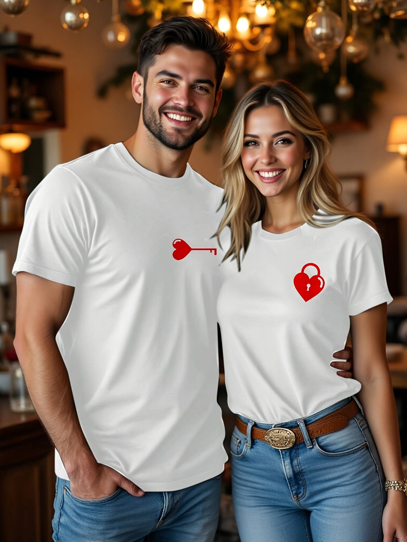 Valentine's Day Matching Couple T-Shirts - Casual Beige with Heart & Key Print, Short Sleeve, Polyester, Machine Washable, Valentine's Day Outfit