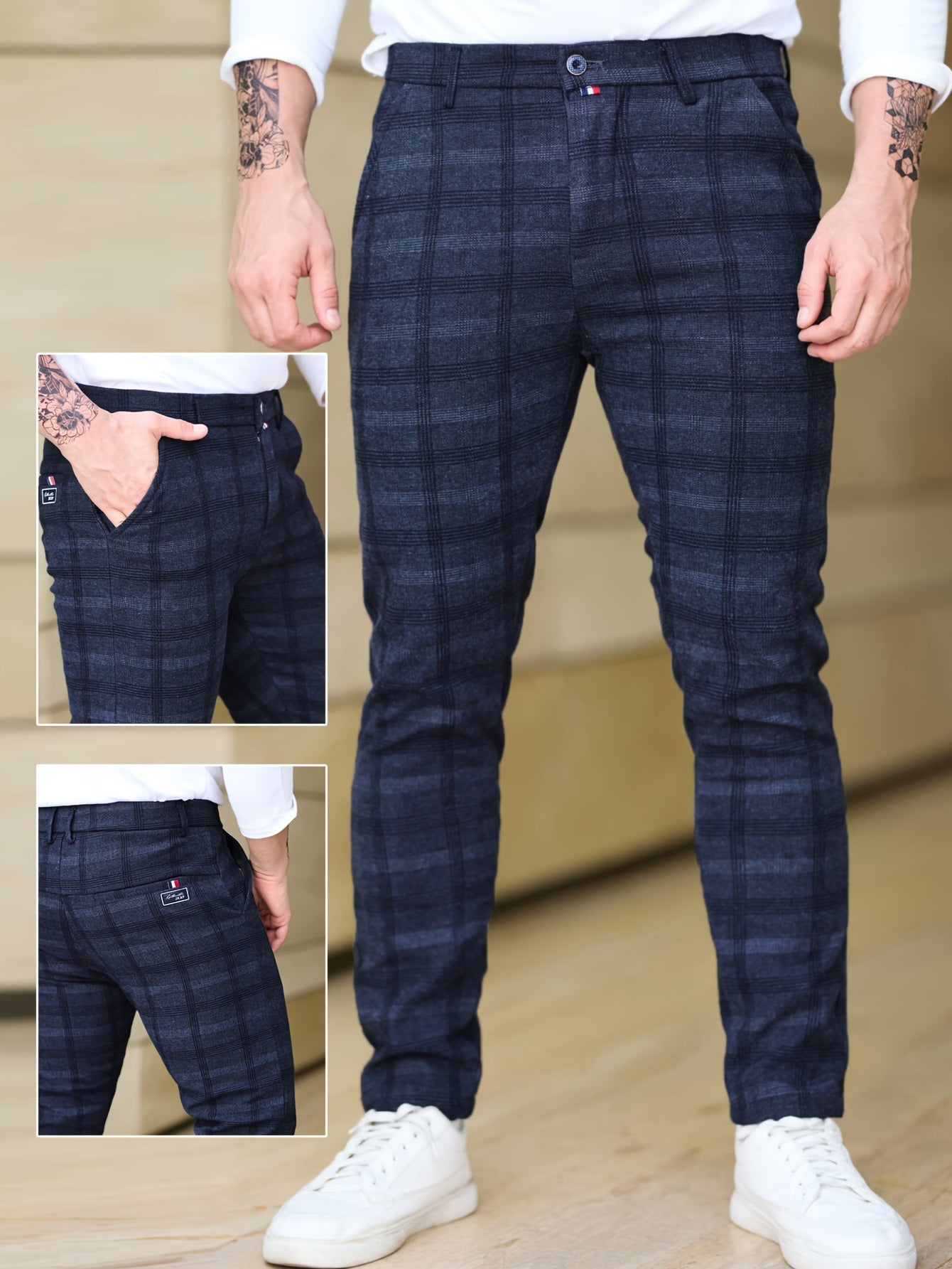 Men's Slim Fit Plaid Casual Pants, Lightweight Business Style, Comfortable Elastic Fabric, All-Season Wear