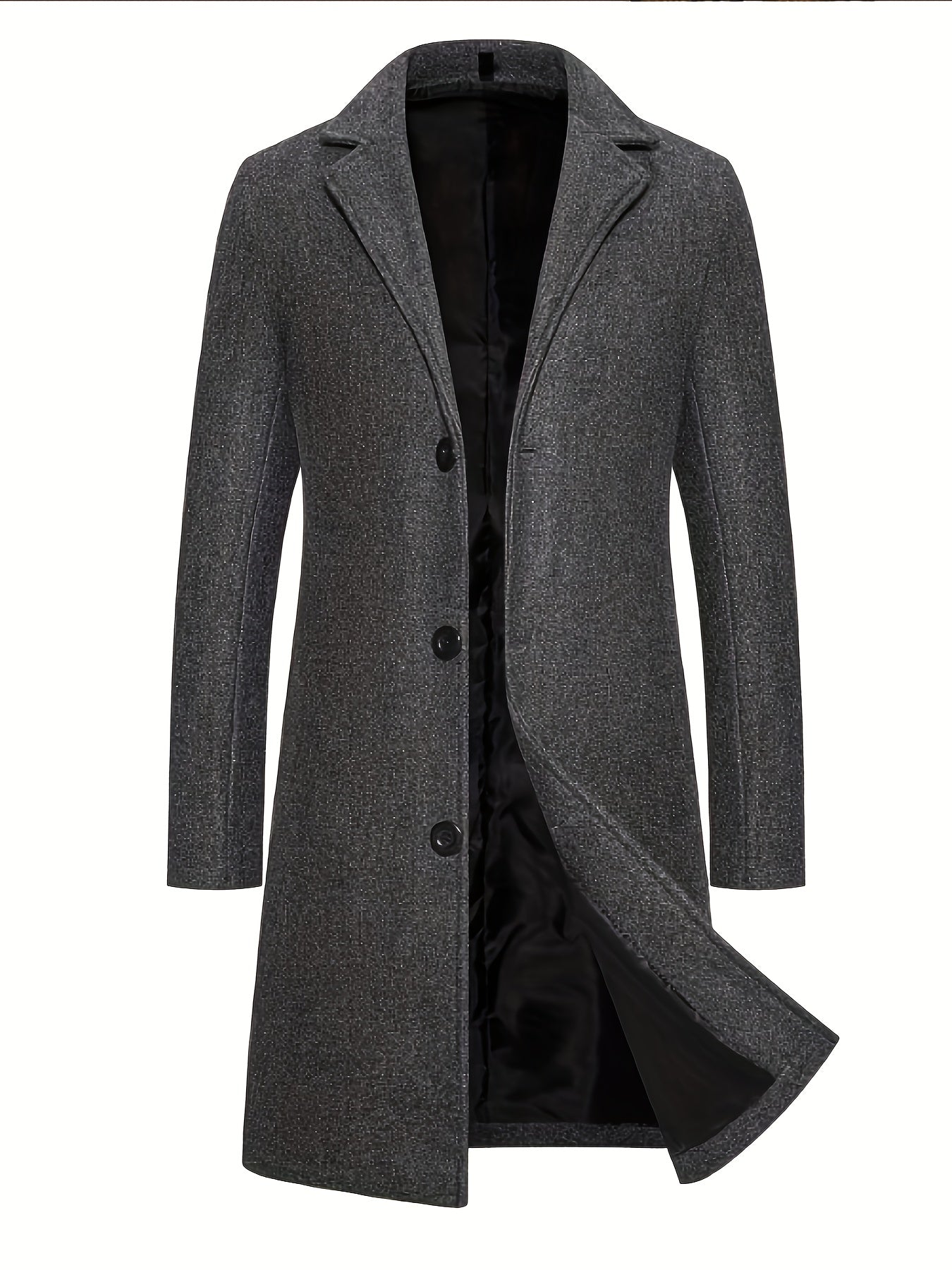 Men's Slim-Fit Mid-Length Trench Coat - Casual Fleece-Blend, Single-Breasted, Solid Black with Pockets, Perfect for Spring & Autumn