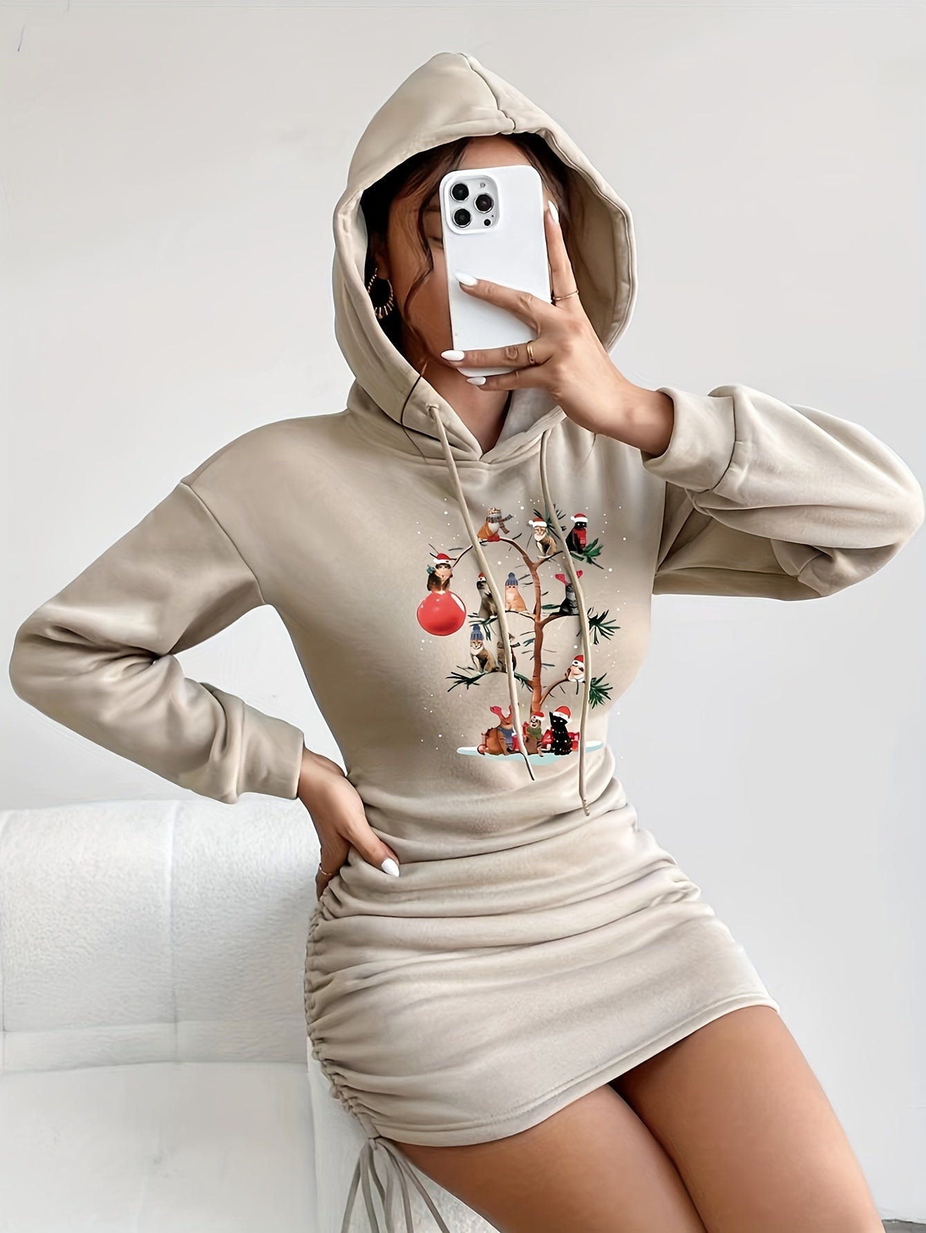 1pc Women'S Alphabet Pattern Hooded Bodycon Dress with Drawstring Side, Polyester Knit Fabric, Adult Spring/Fall Fashion