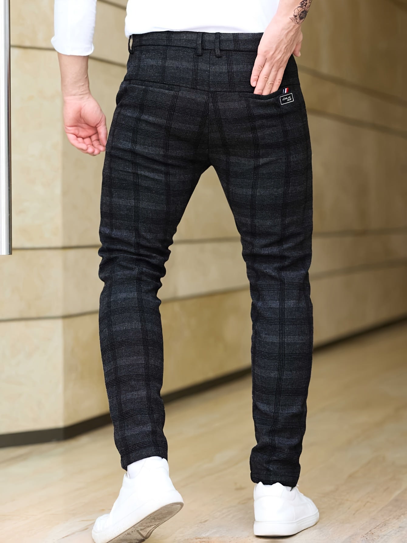 Men's Slim Fit Plaid Casual Pants, Lightweight Business Style, Comfortable Elastic Fabric, All-Season Wear