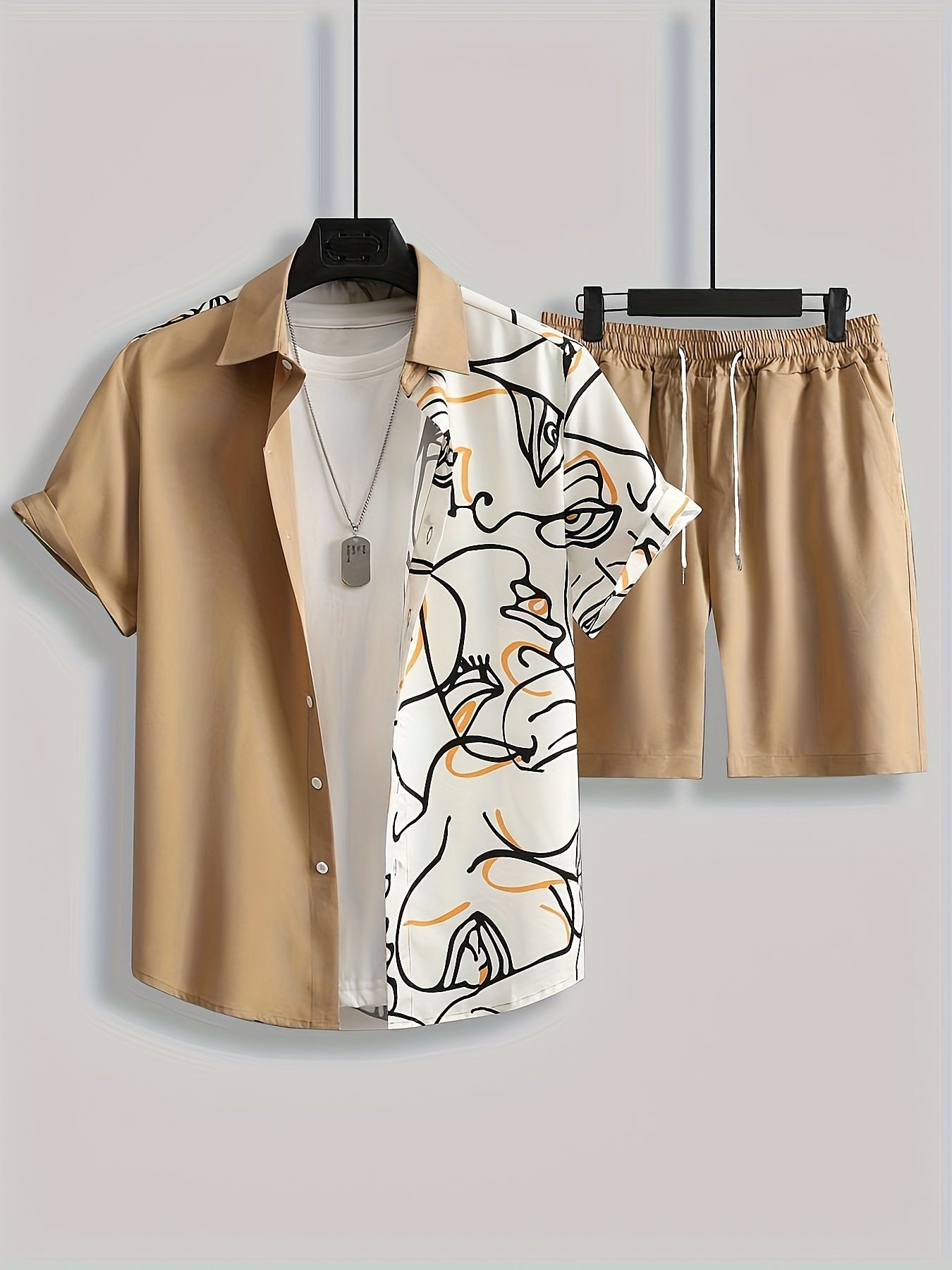 Men's Casual Geometric Pattern Button-Up Shirt & Shorts Set in Beige - Polyester, Machine Washable, All-Season Comfort, Allseason Wear|Relaxed Fit Clothing|Smooth Texture Shirt