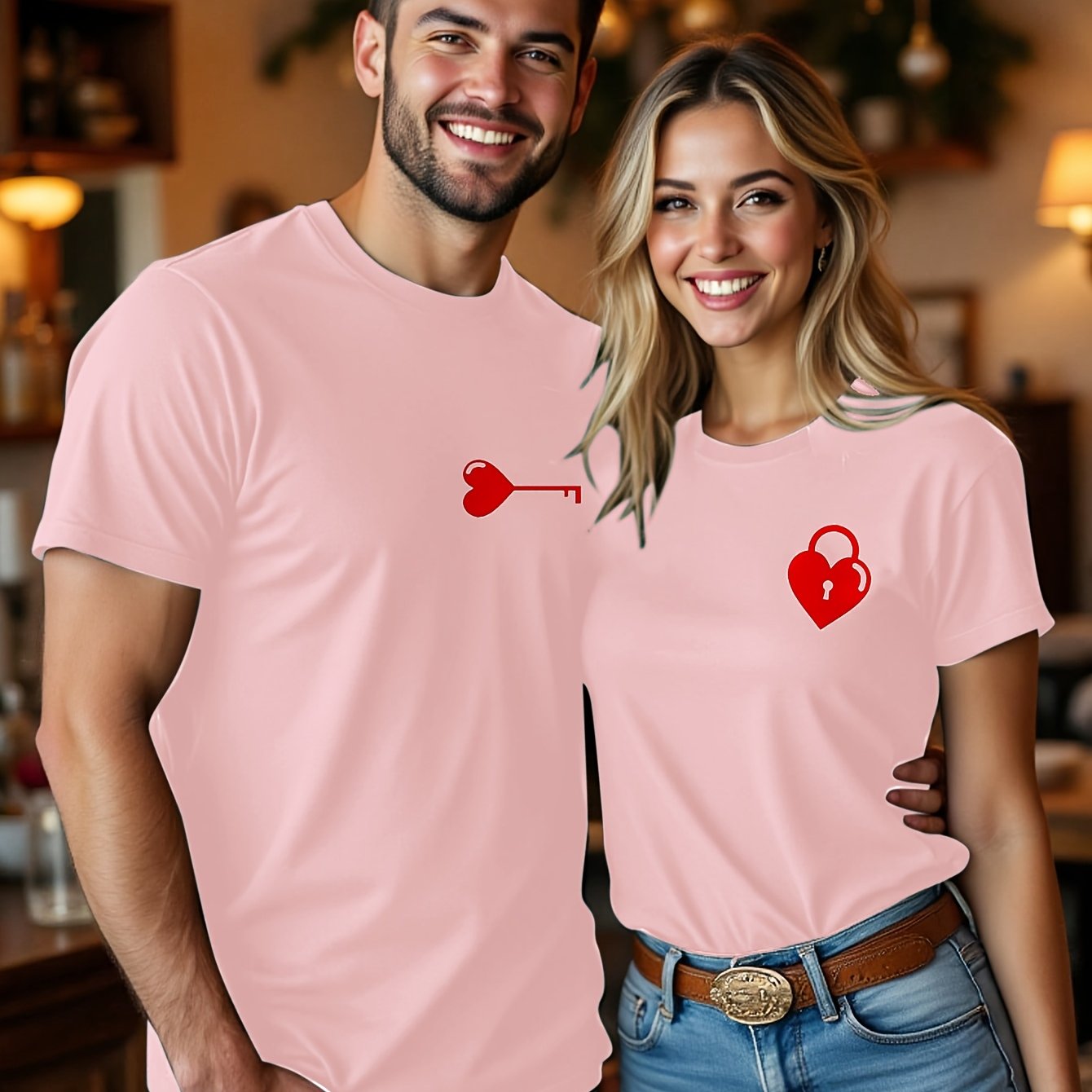 Valentine's Day Matching Couple T-Shirts - Casual Beige with Heart & Key Print, Short Sleeve, Polyester, Machine Washable, Valentine's Day Outfit